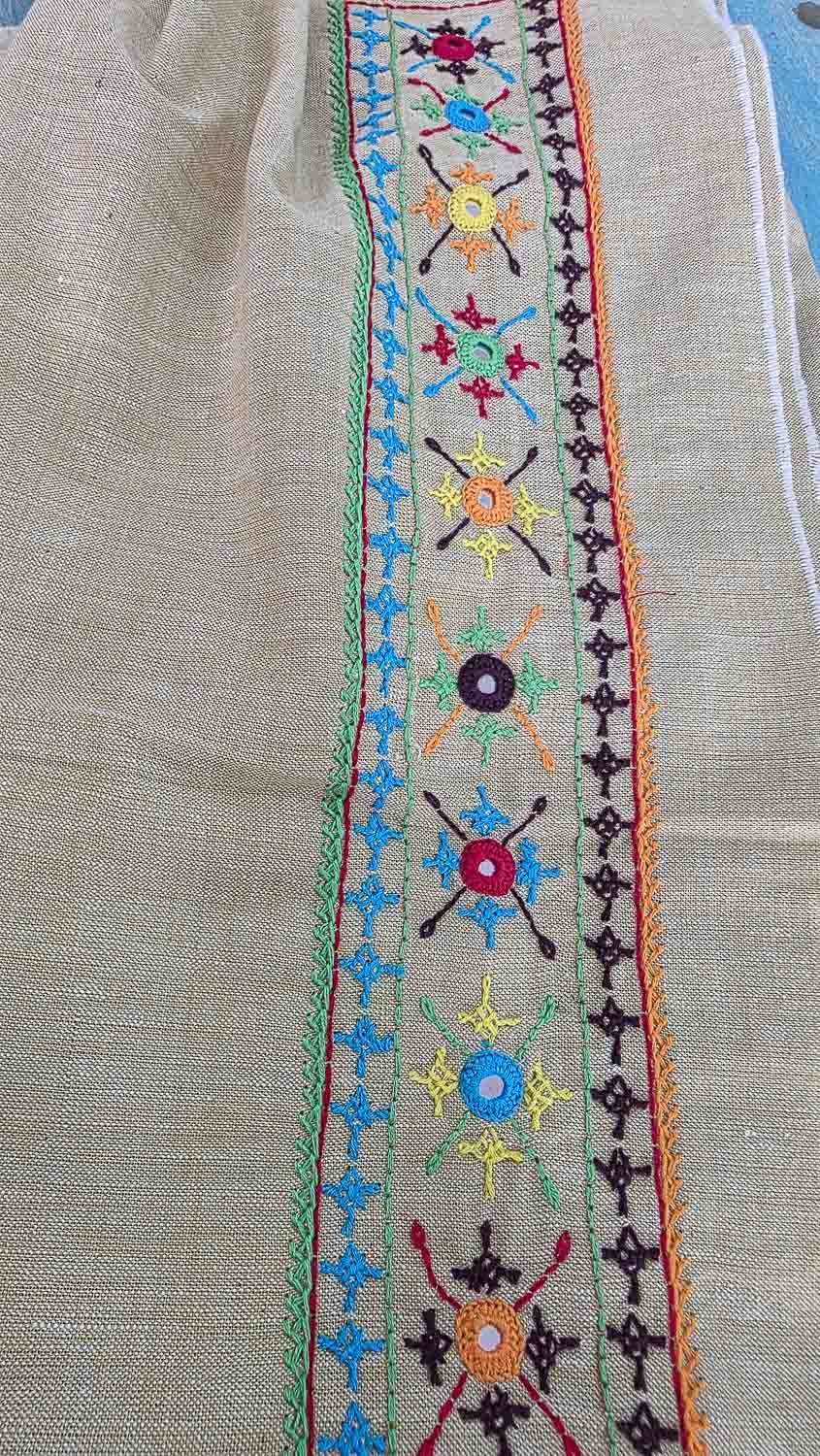 Cream Lambani hand work kala cotton kurta fab
