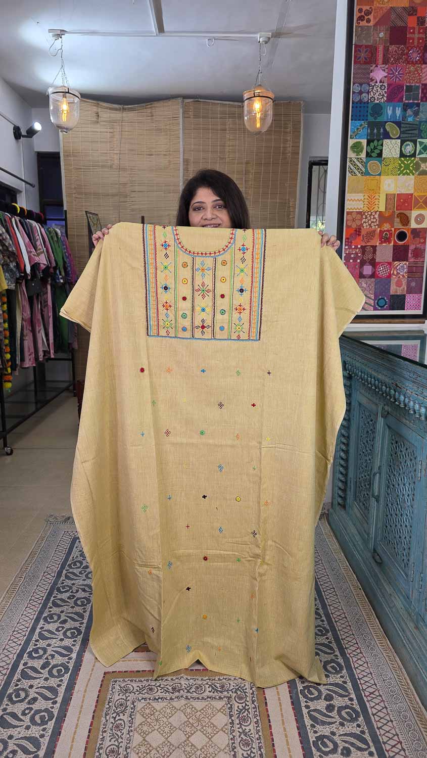 Cream Lambani hand work kala cotton kurta fab