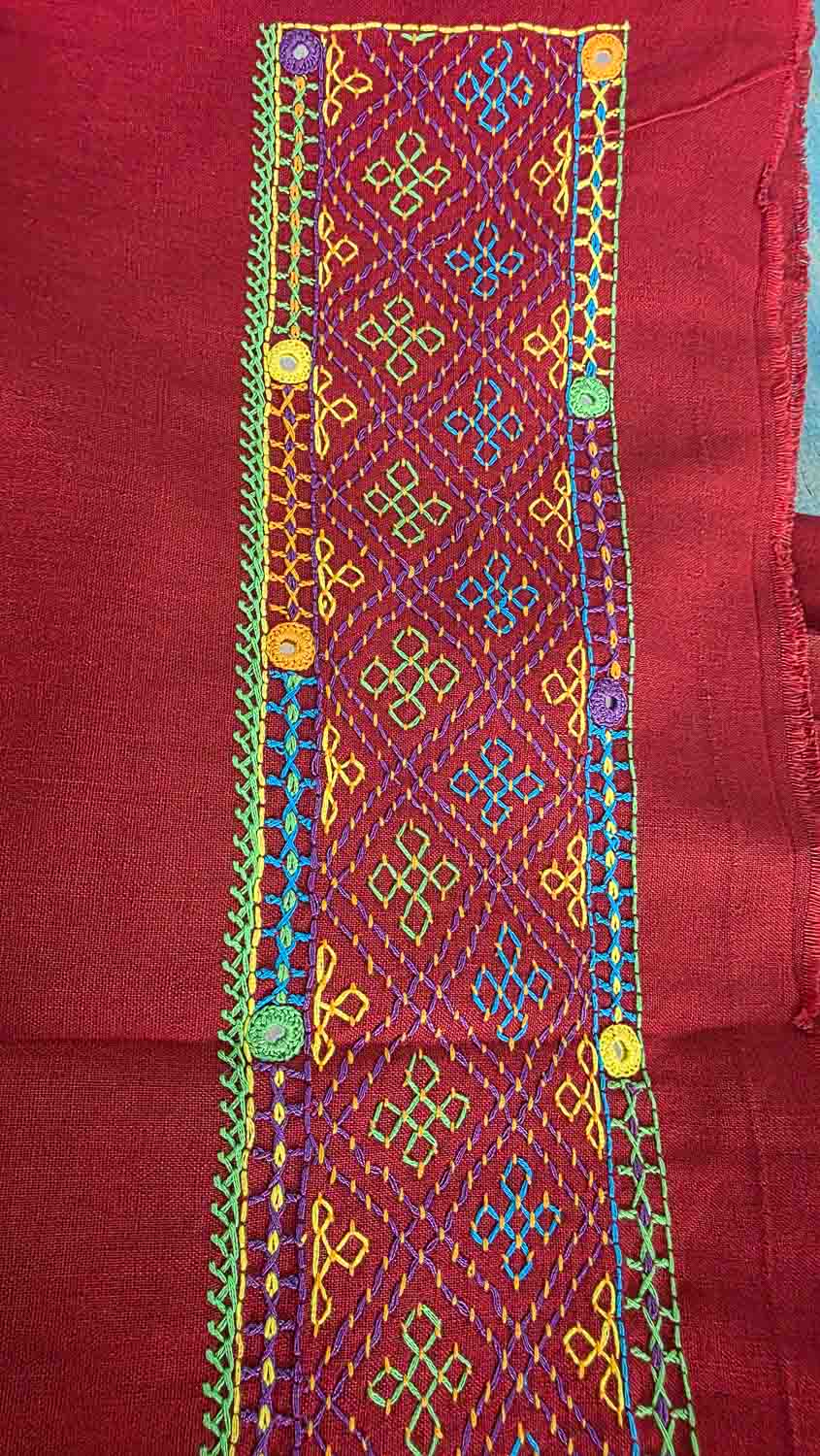 Red Lambani hand work kala cotton kurta fab