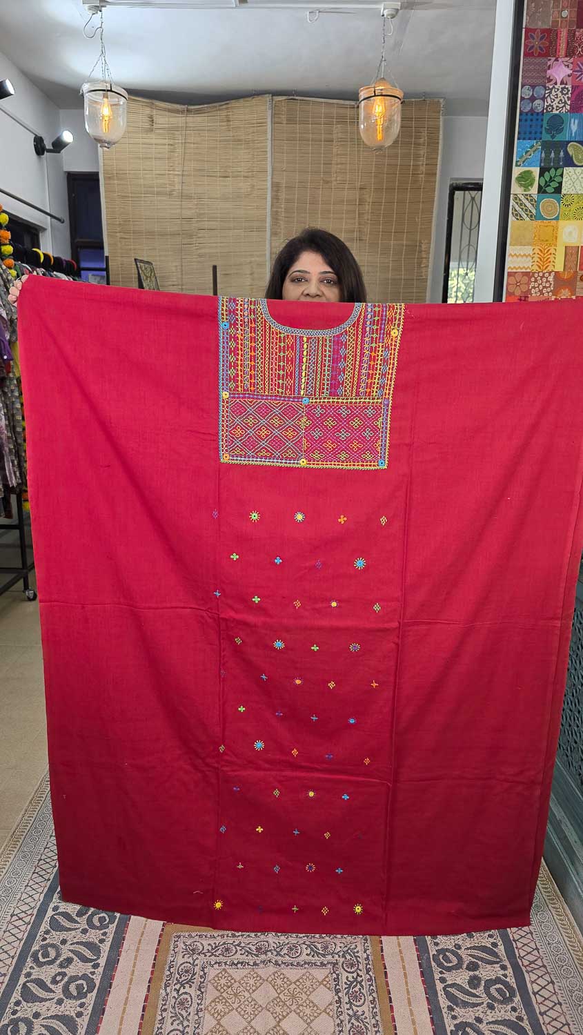 Red Lambani hand work kala cotton kurta fab