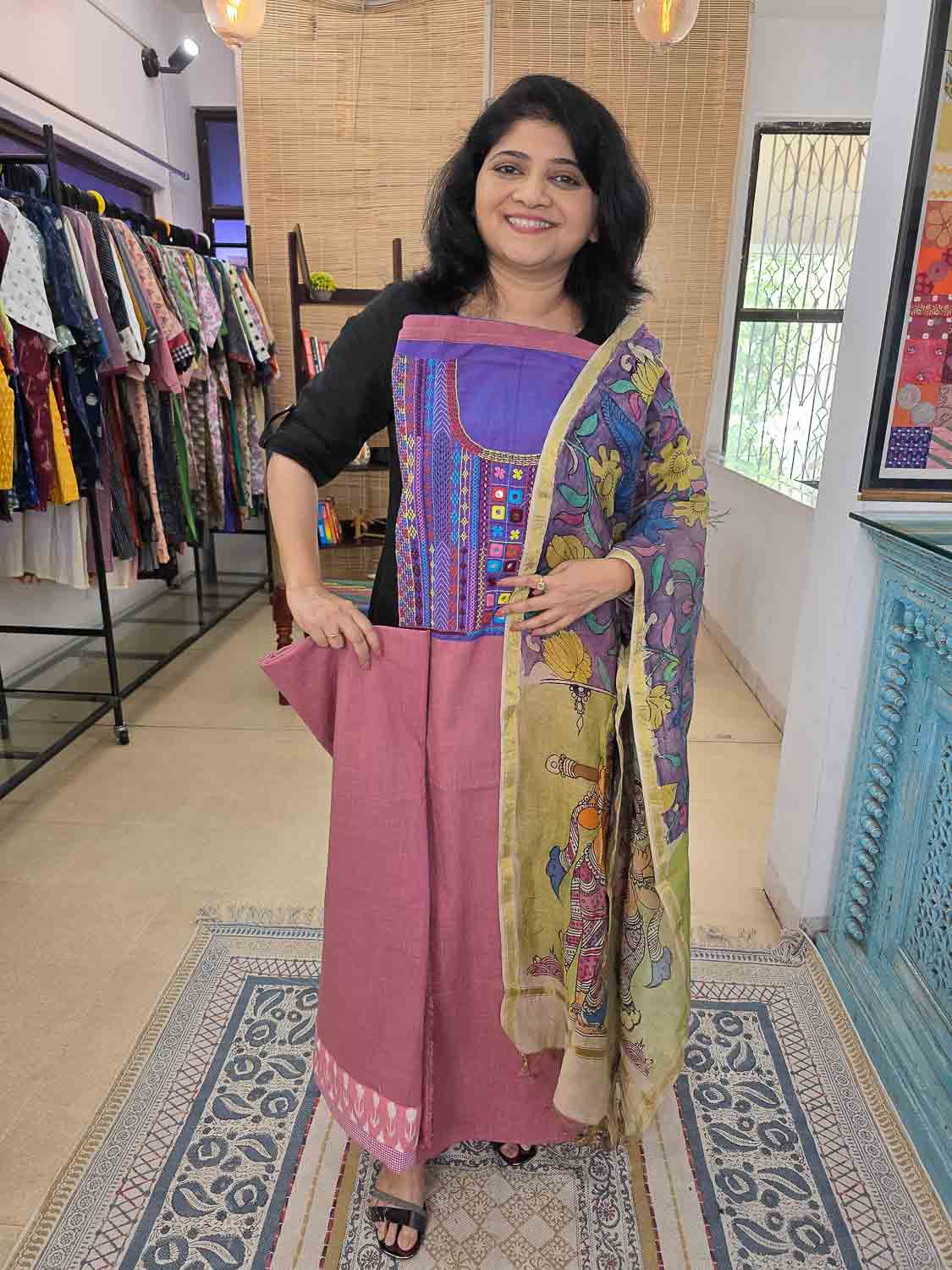 Pink Purple With Pen Kalamkari.