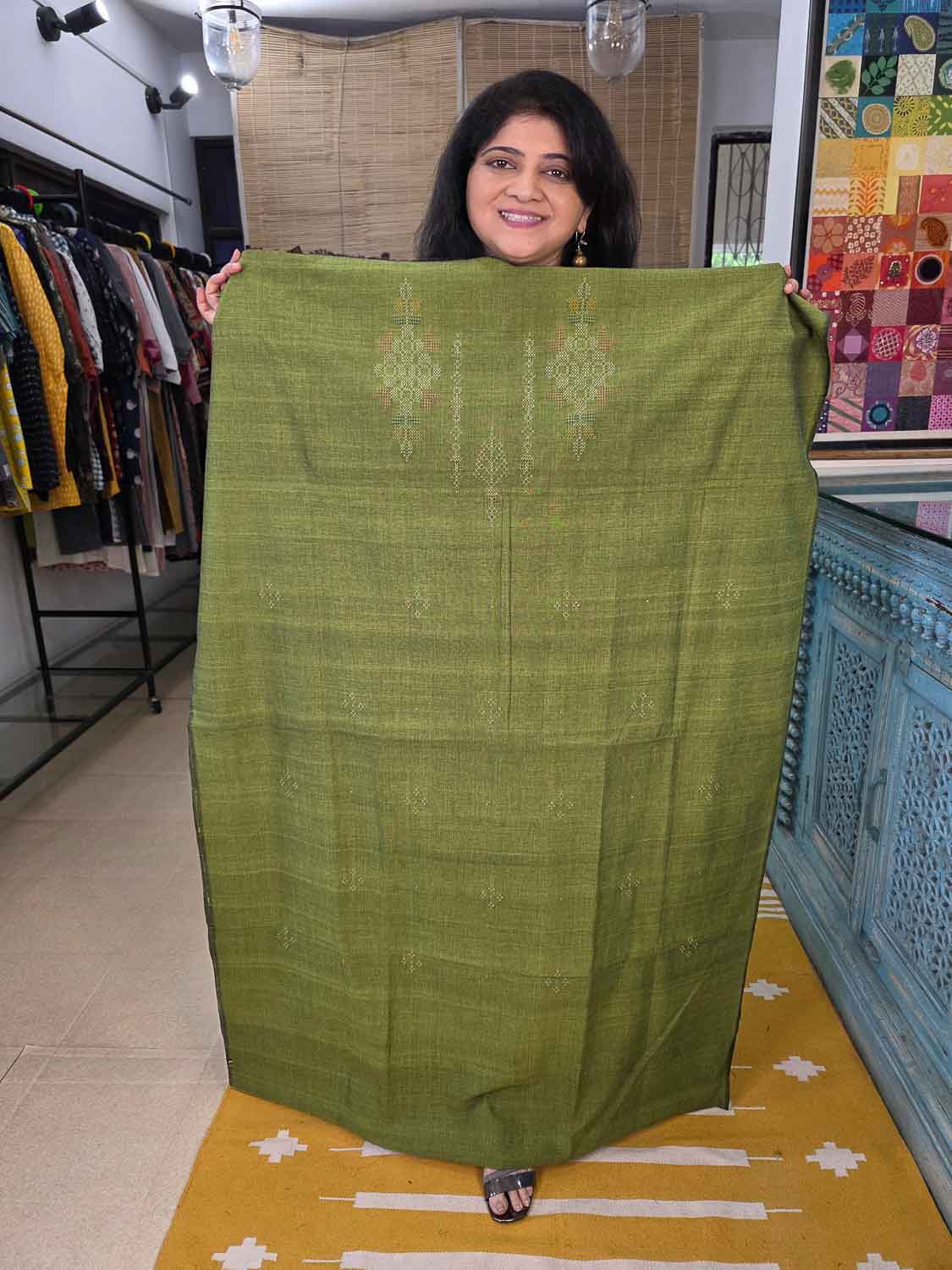 Exclusive Green Tangalia Kala cotton Top With Ikkat dupatta. Buy Bottom separately