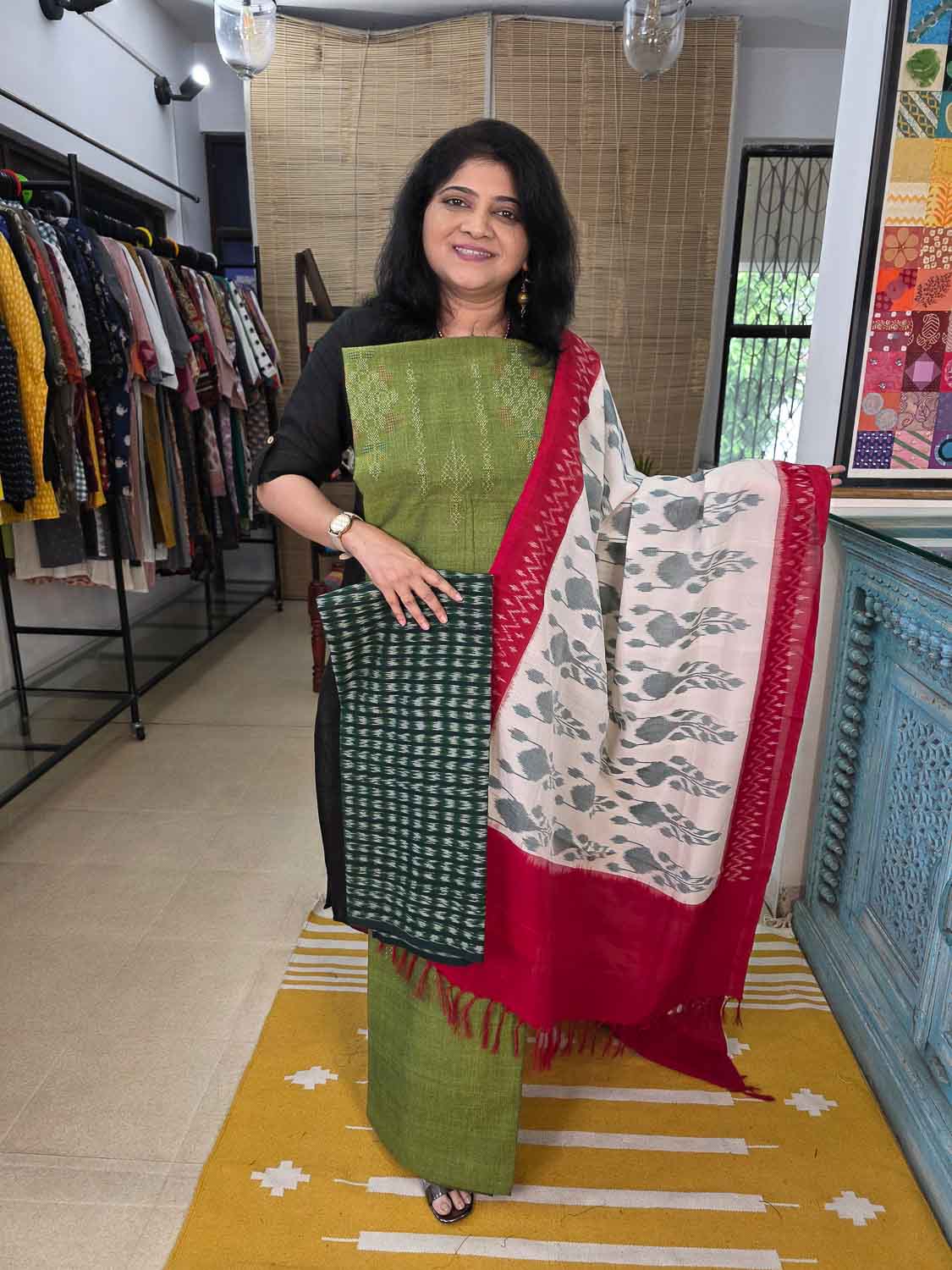 Exclusive Green Tangalia Kala cotton Top With Ikkat dupatta. Buy Bottom separately