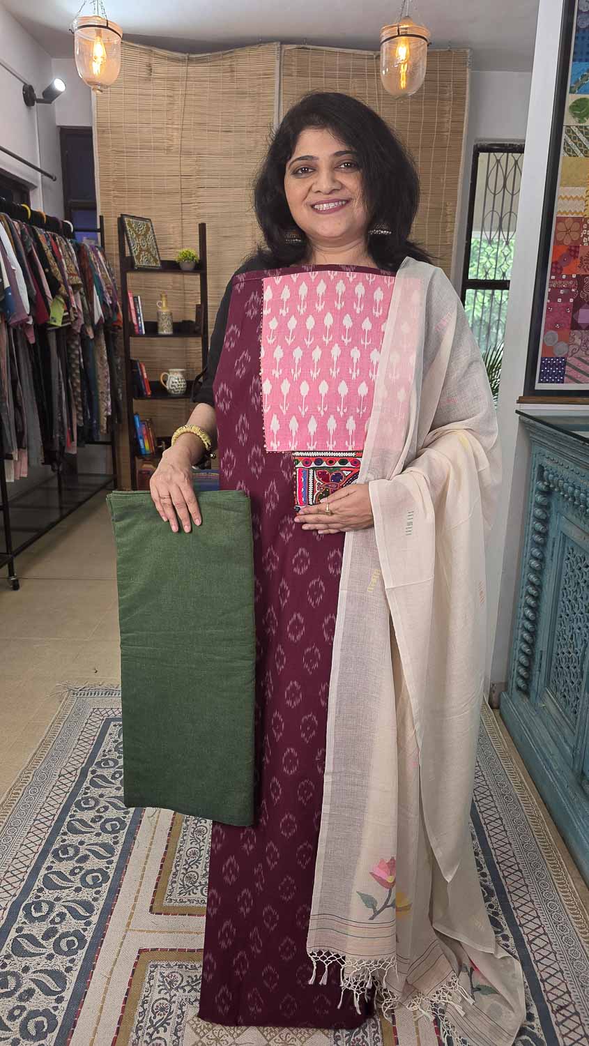 Soft Jamdani cotton dupatta with patterned kurta fab - bottom fab optional