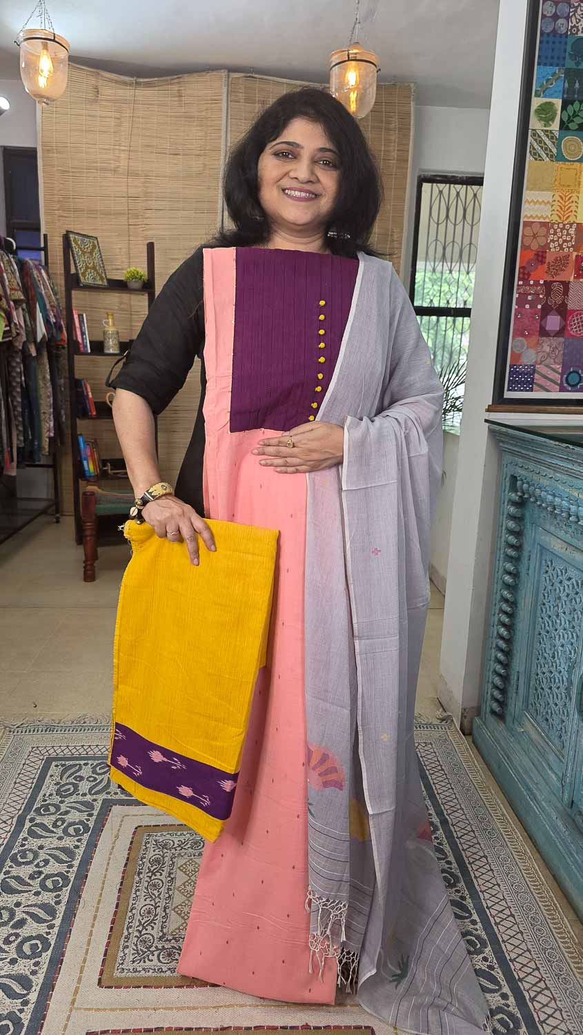 Soft Jamdani cotton dupatta and a patterned kurta fab - bottom fab optional