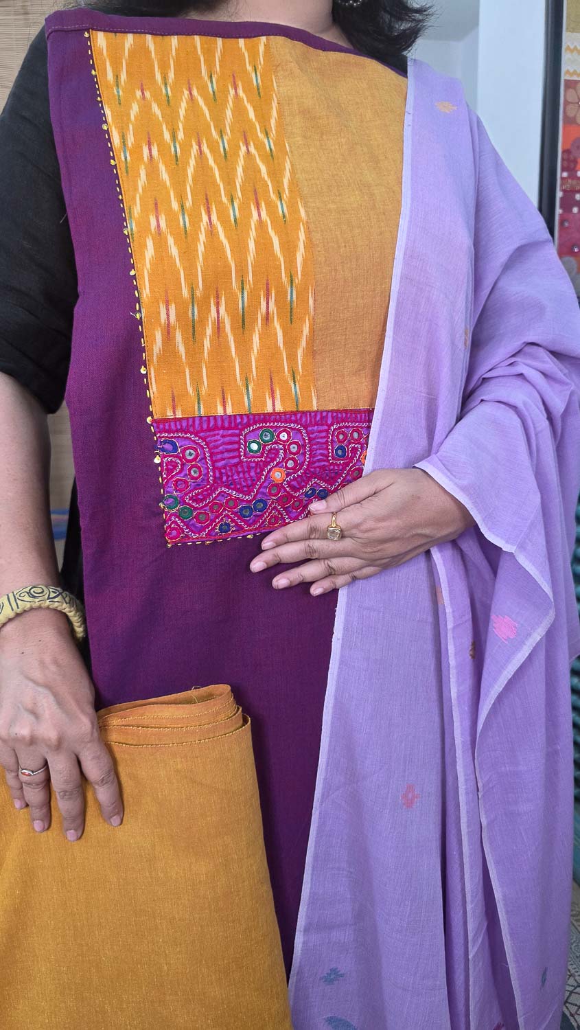 Magneta Purple Soft Jamdani cotton dupatta with patterned kurta fab - bottom fab optional