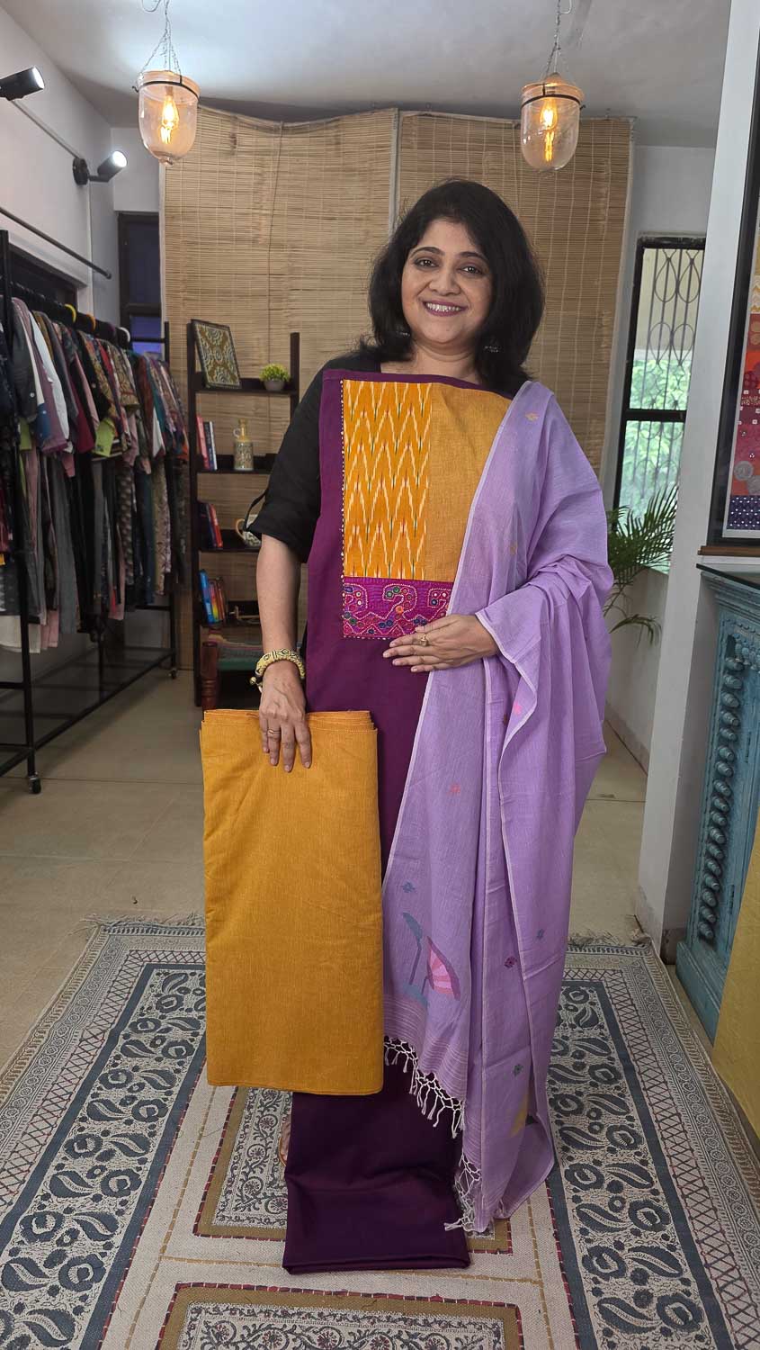 Magneta Purple Soft Jamdani cotton dupatta with patterned kurta fab - bottom fab optional