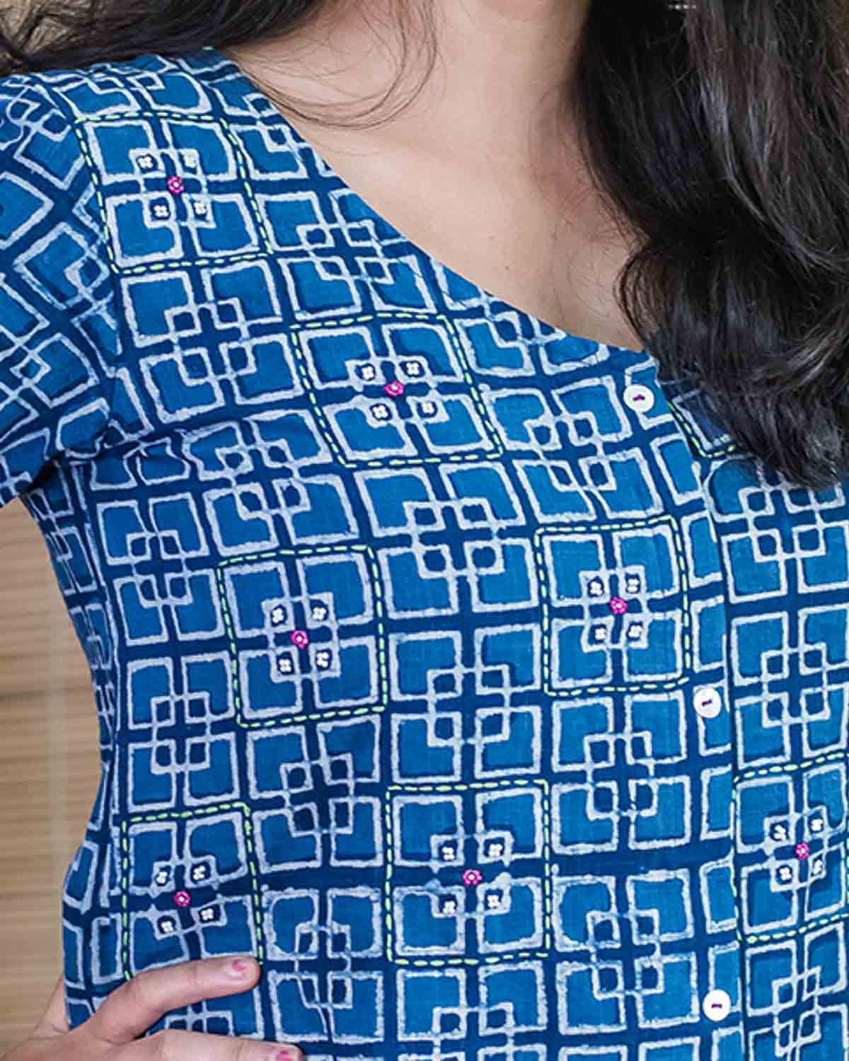 Slub embroidered Geometric Indigo Dress cum Kurta