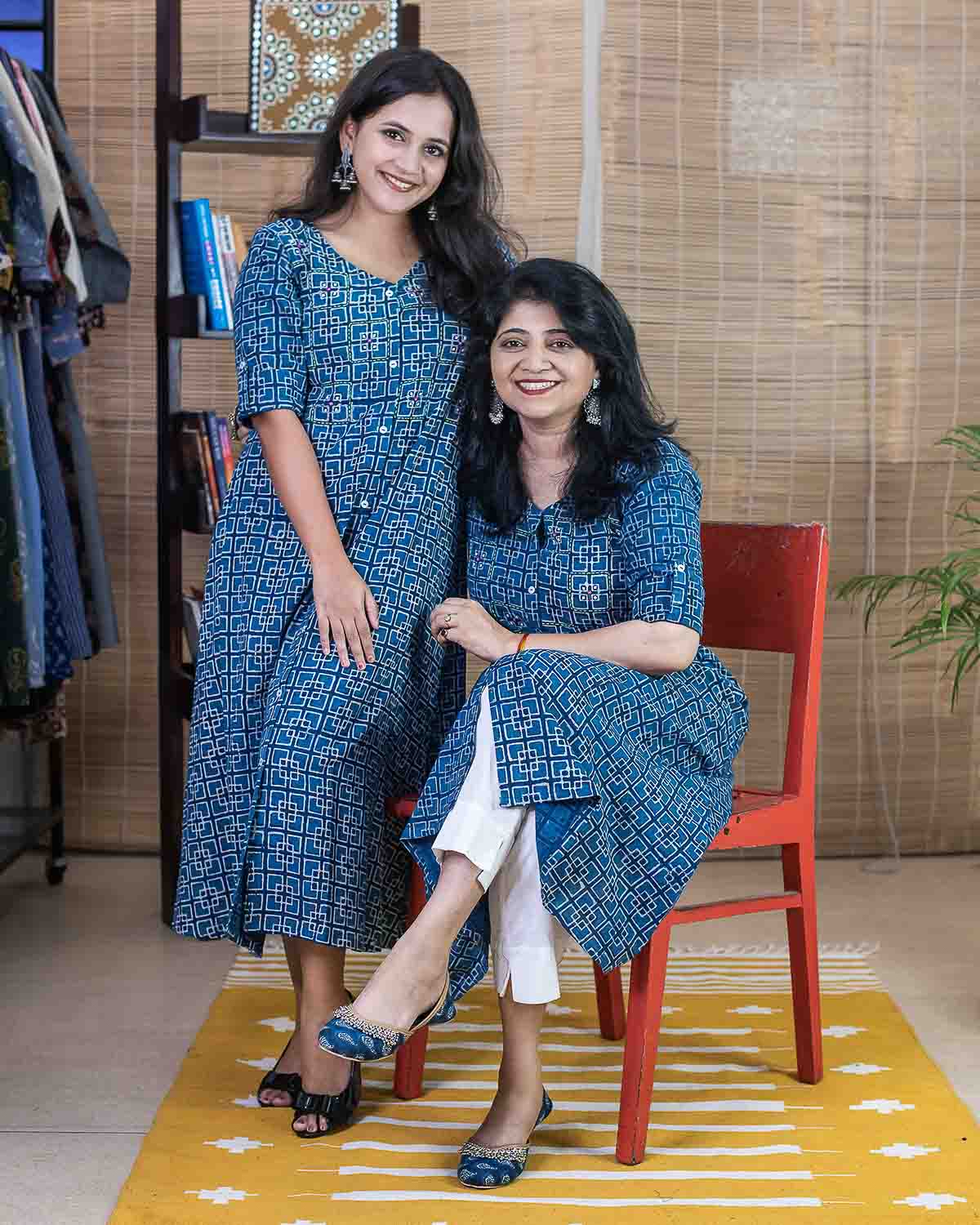 Slub embroidered Geometric Indigo Dress cum Kurta
