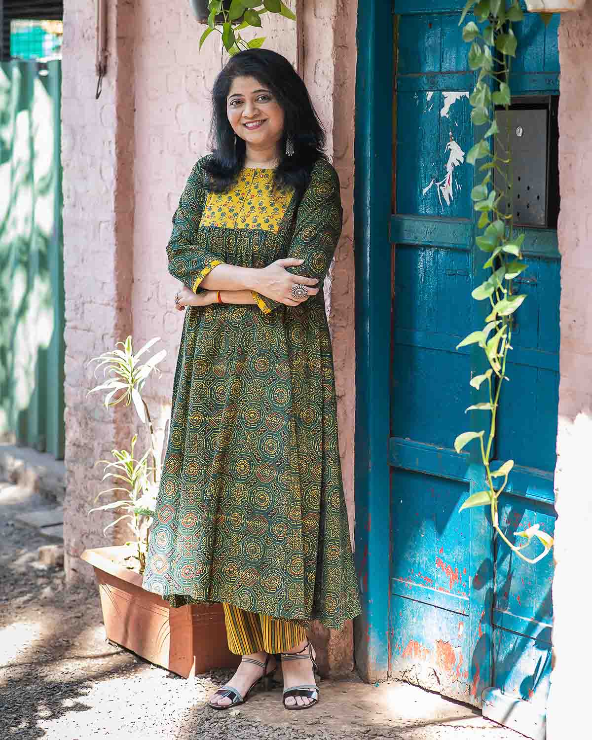 Green Embroidered Ajrakh with flare Dress cum Kurta