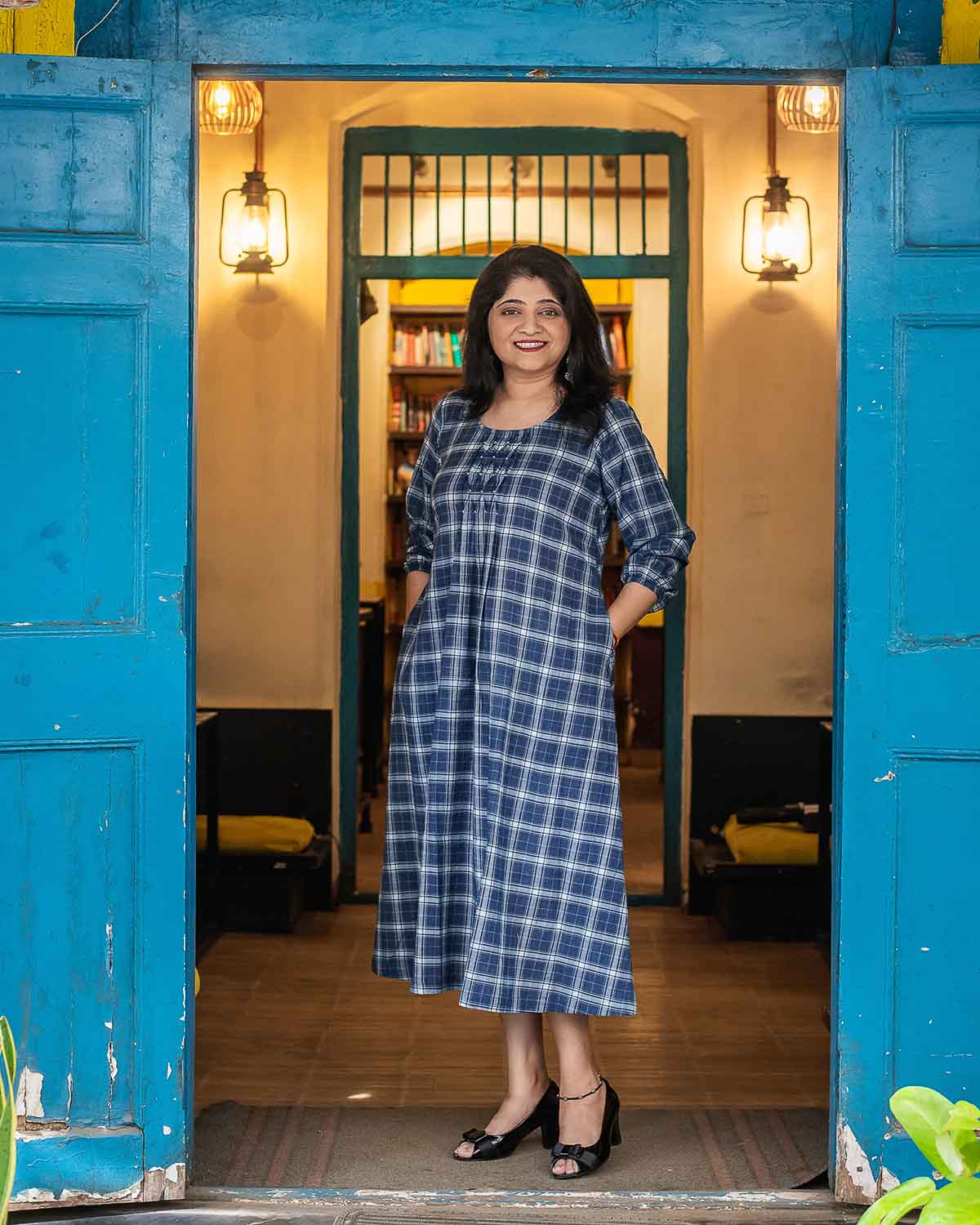 Blue Checkered Superior cotton Dress cum Kurta
