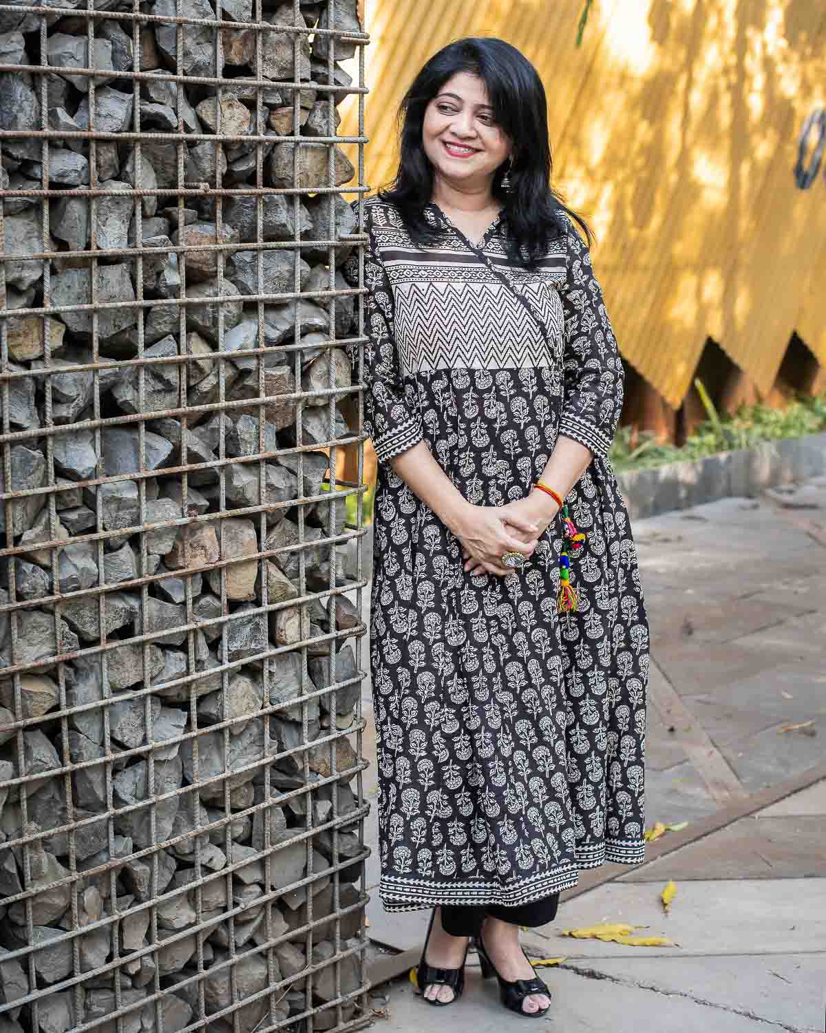 Black Designer hand block printed Anarkali