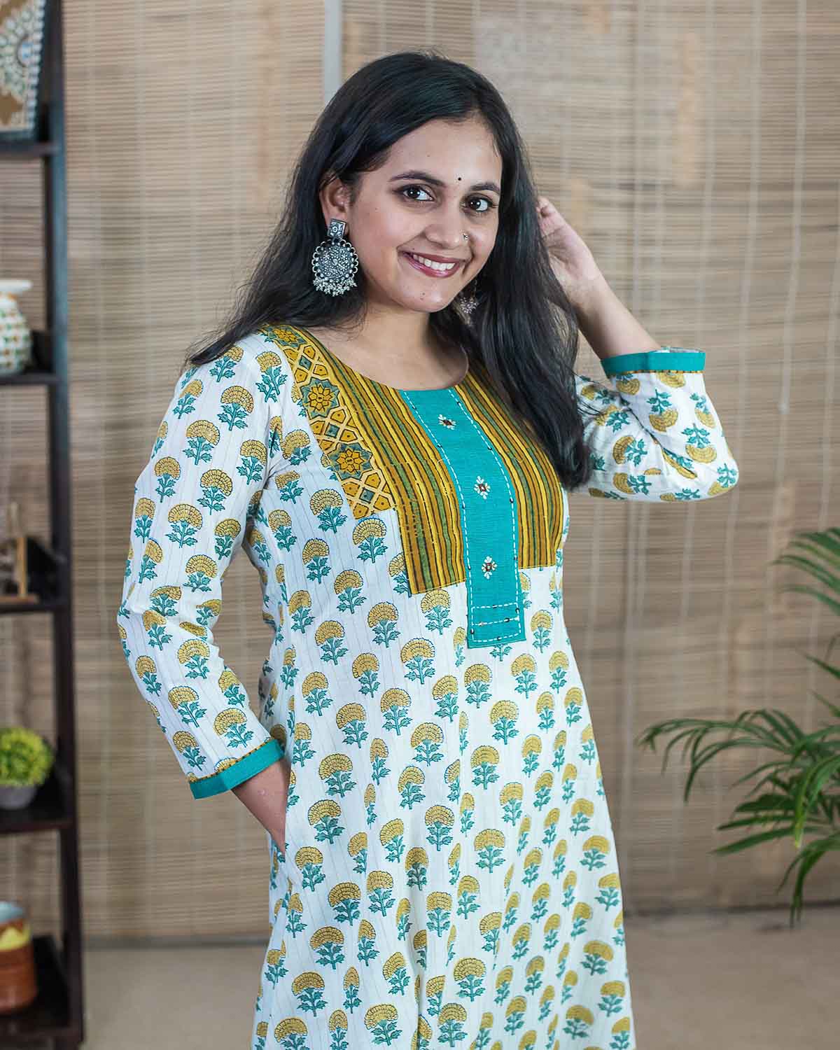 White yellow Lurex Mughal butta Dress cum Kurta