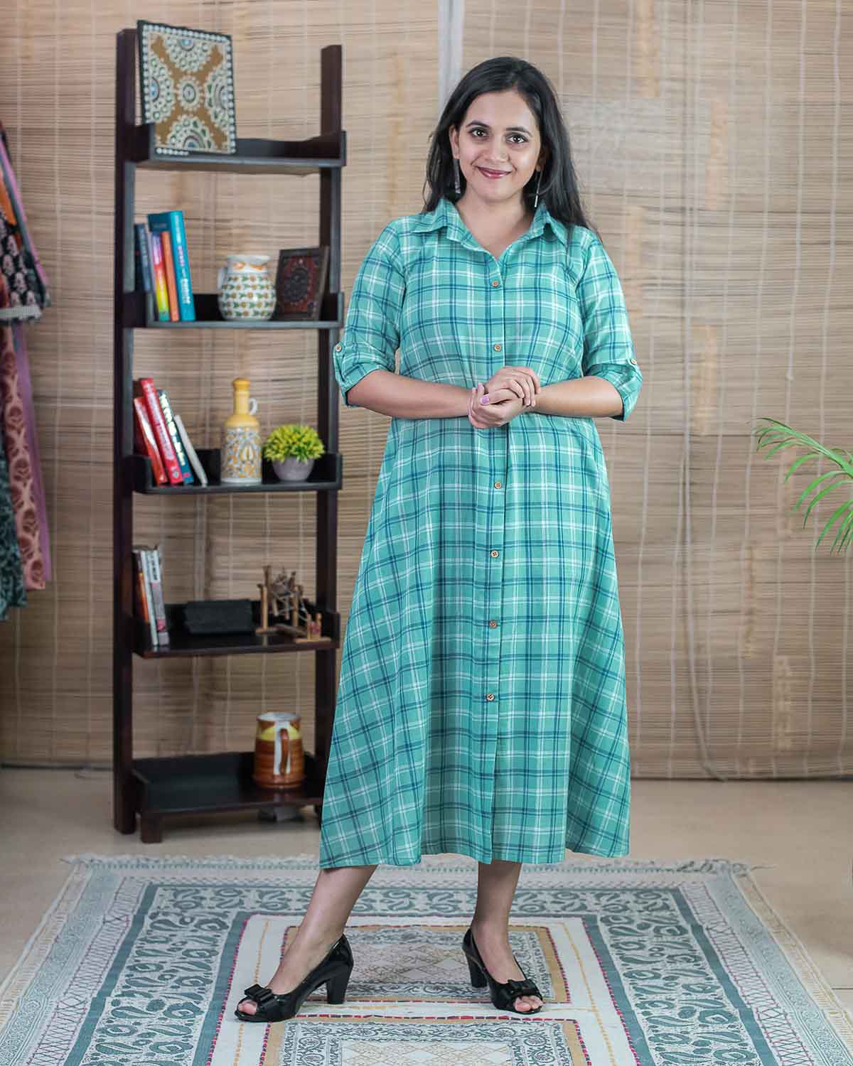 Light Rama Green Checkered Shirt Dress - superior handwoven cotton