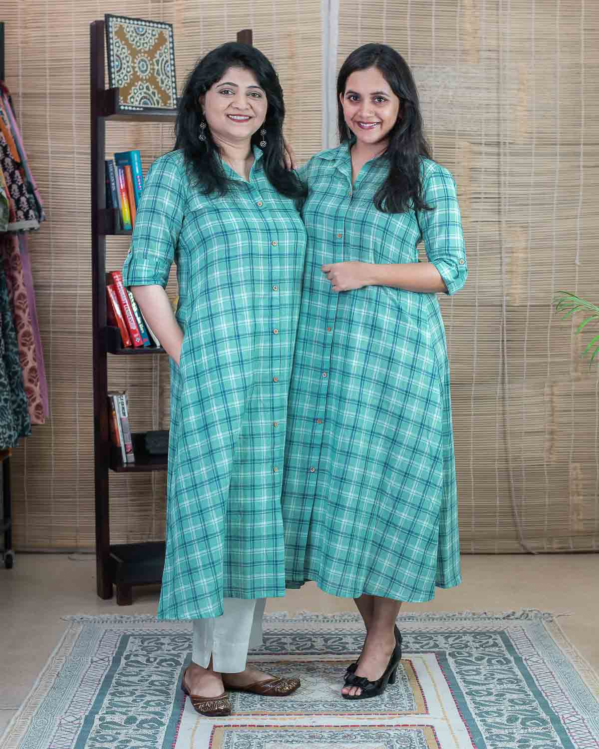 Light Rama Green Checkered Shirt Dress - superior handwoven cotton