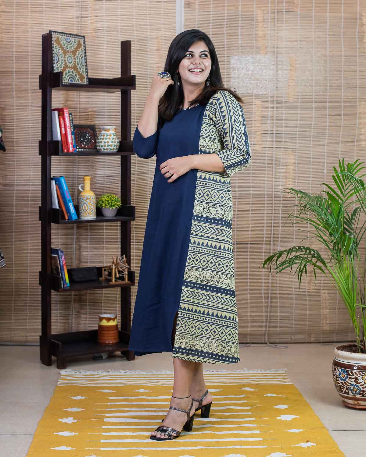 Signature - Navy Blue with borders Slub Dress/kurta
