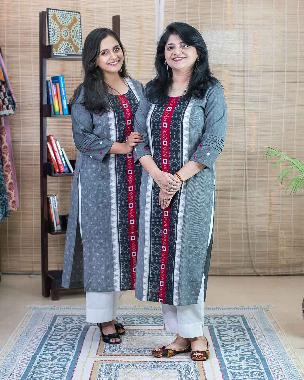 Handwoven Ikkat Cotton Straight Fit Kurta in Gray Red — Rush Me Fashions
