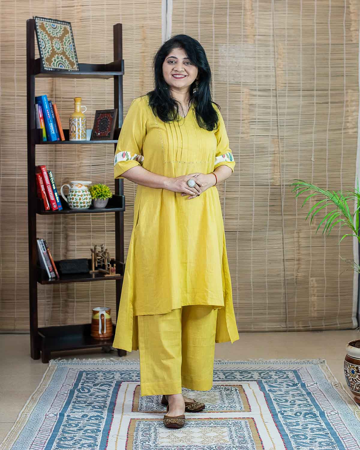 Yellow plain cotton slub kurta