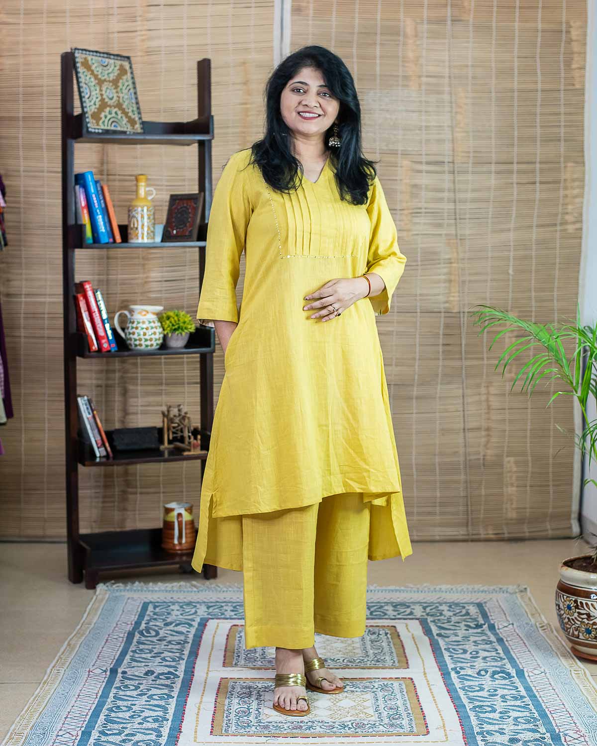 Yellow plain cotton slub kurta