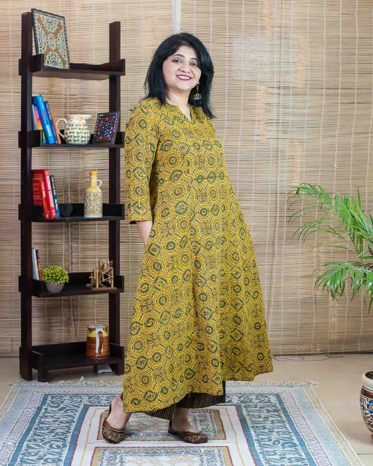 Yellow Ajrakh princess cut with flare kurta