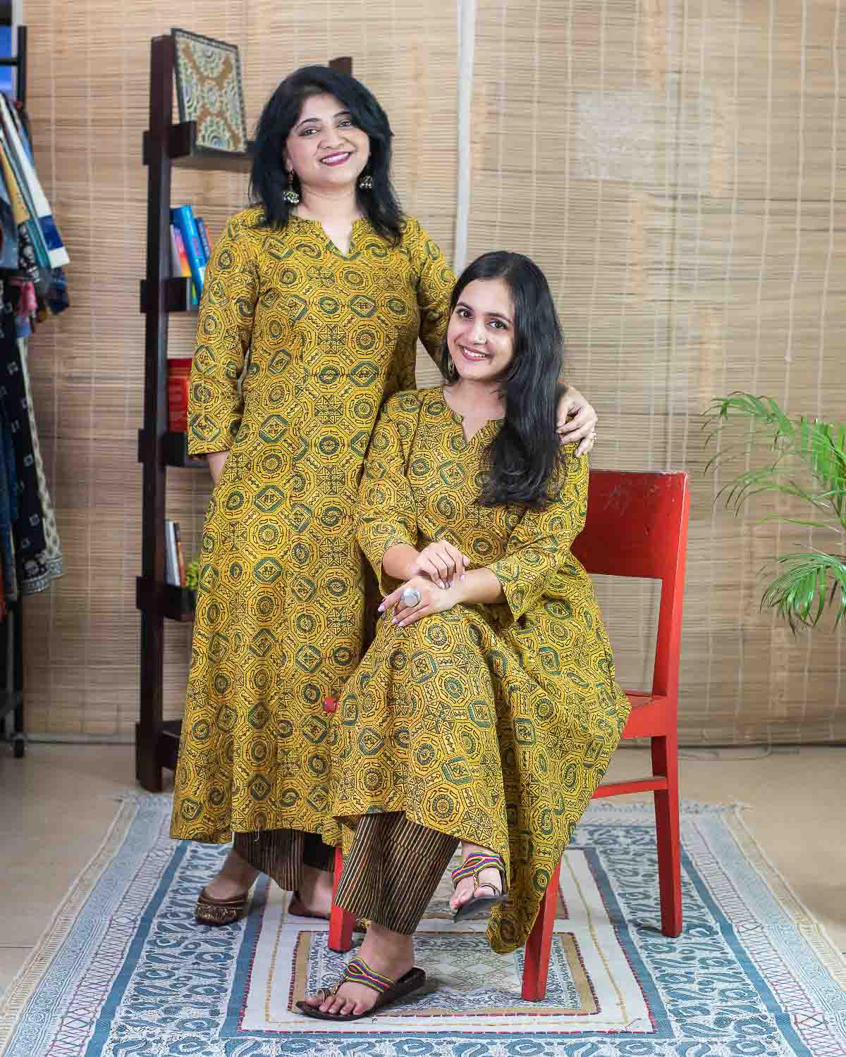 Yellow Ajrakh princess cut with flare kurta