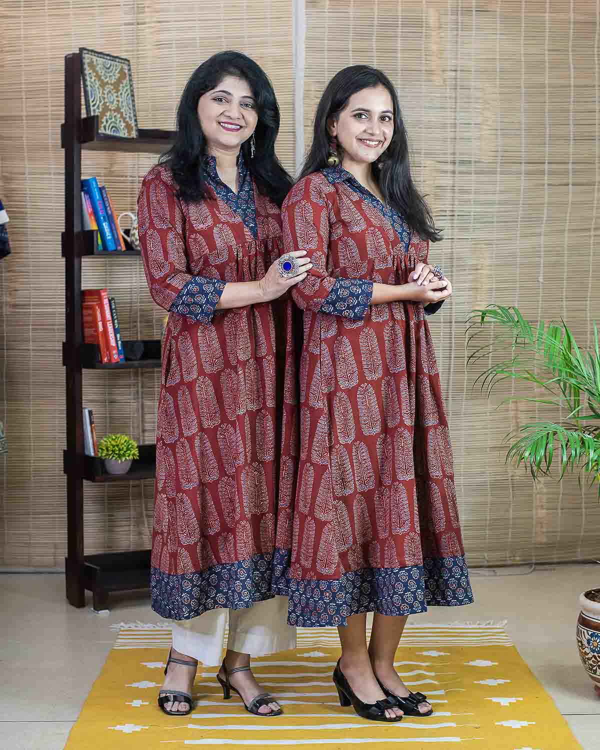 Red Ajrakh with contrast blue Dress