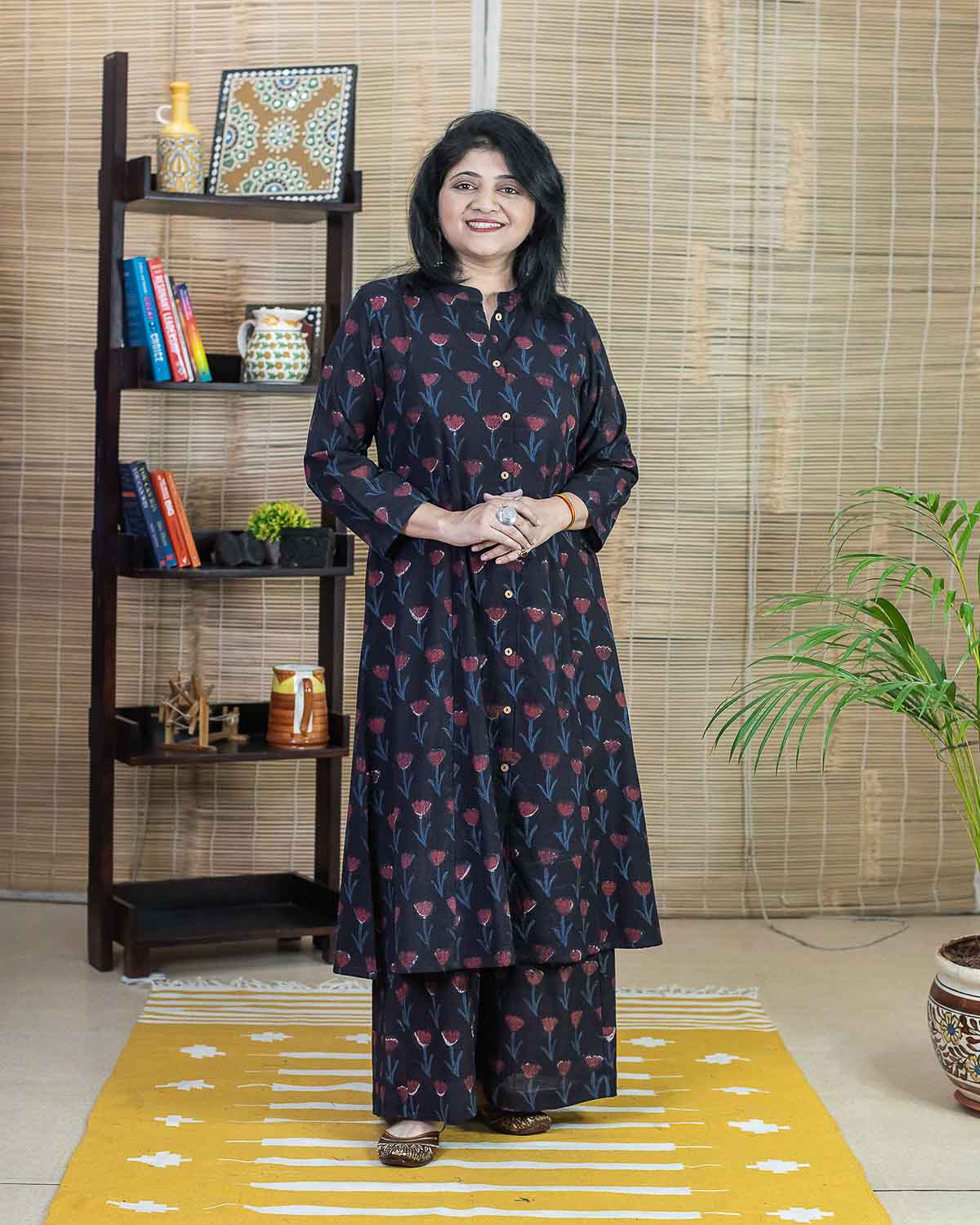 Signature slub - Black floral vanaspati hand block print kurta