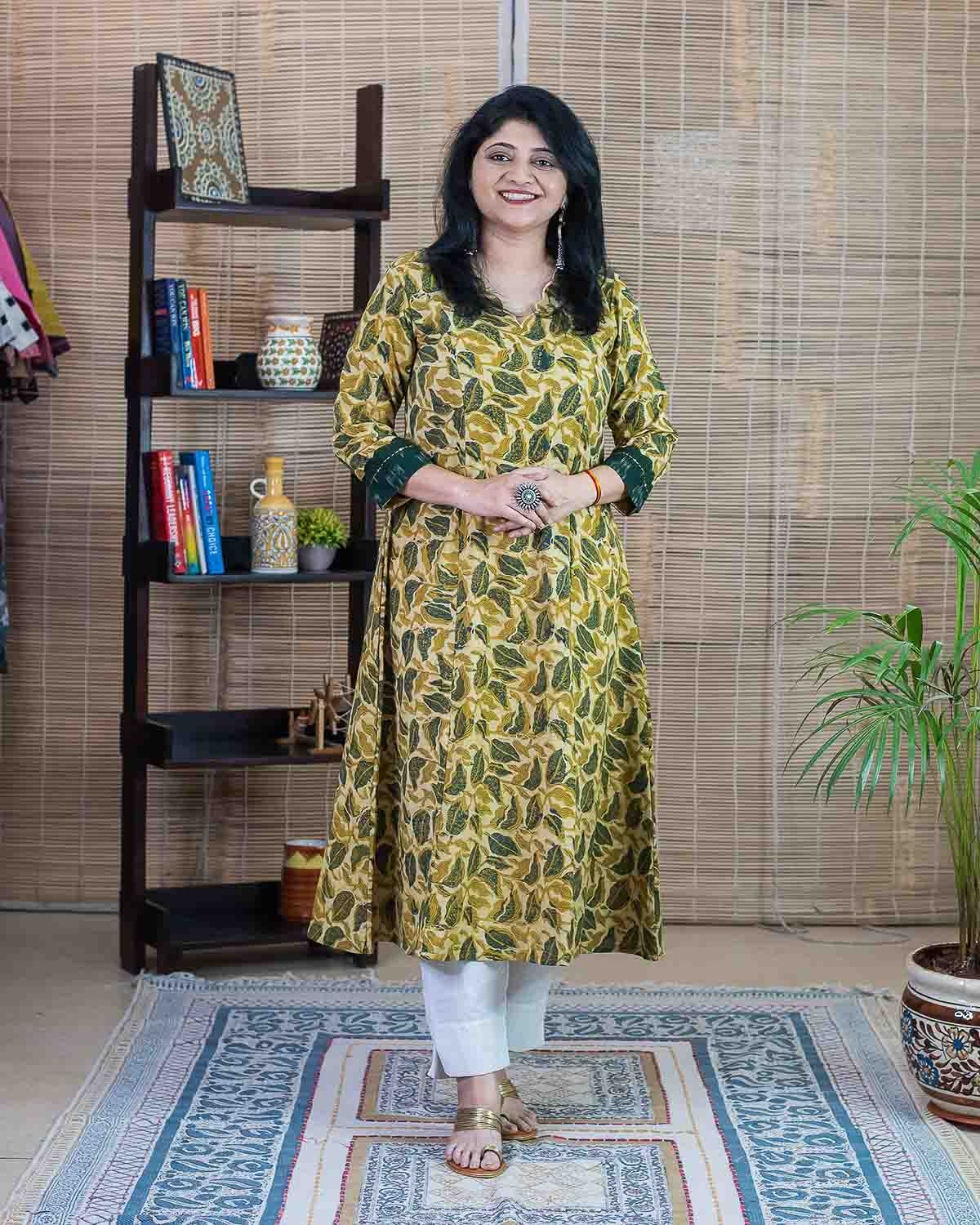 Signature slub Yellow Green hand block printed Dress/kurta