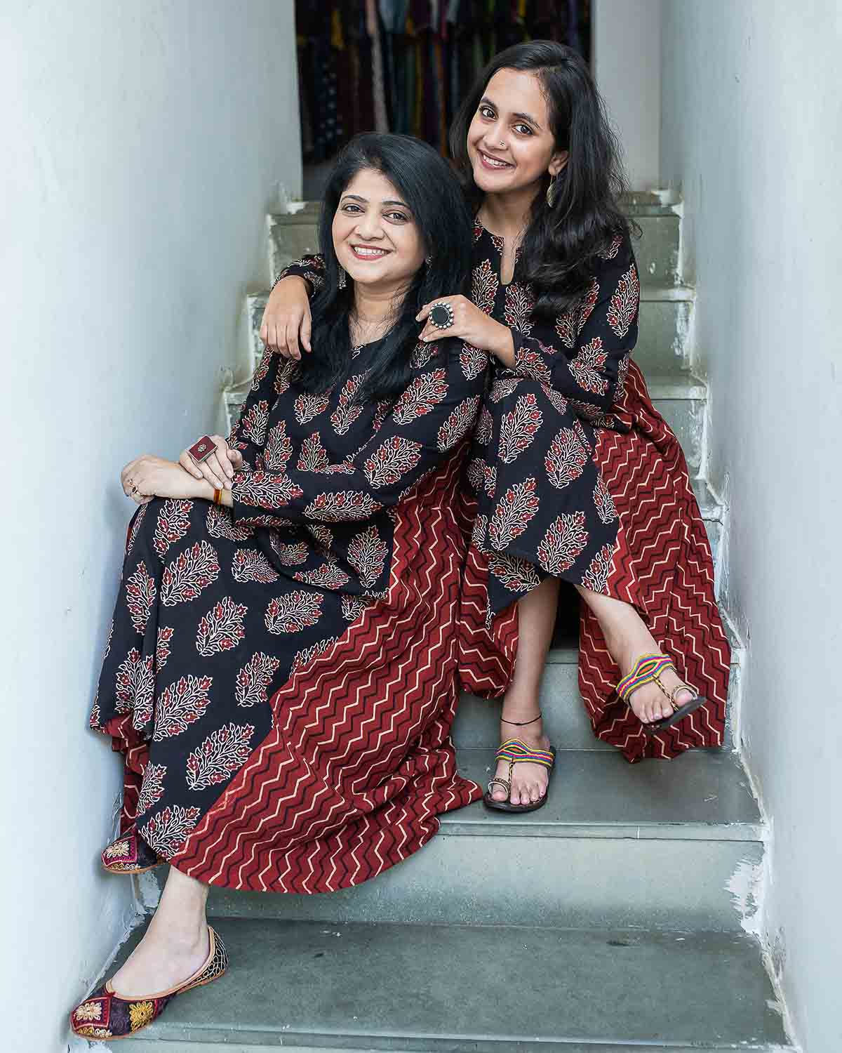 Flared Ajrakh Red black dress / kurta - Relaxed fit