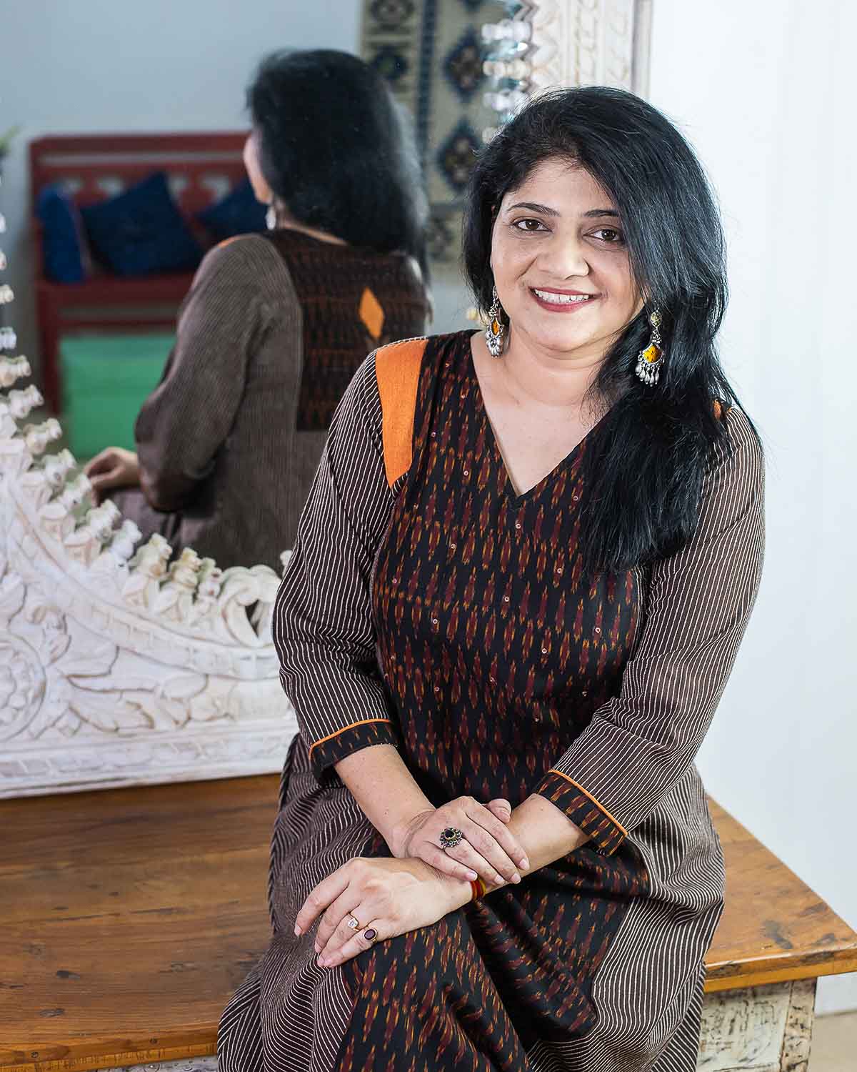 Brown self woven lines Ikkat Exclusive Dress Cum Kurta