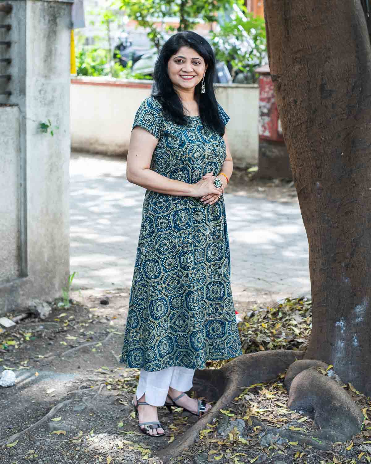 Ajrakh Greenish Blue One Pc Dress cum Kurta