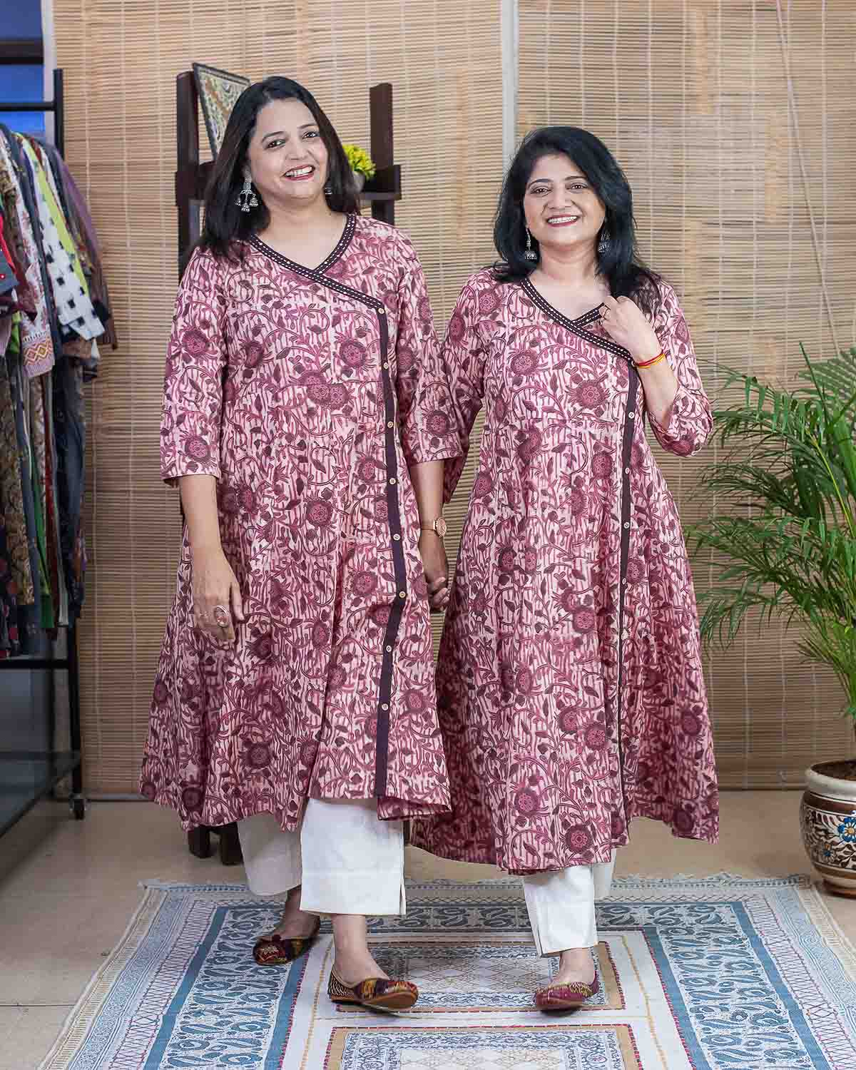 Pink brown Handblock printed Anarkali