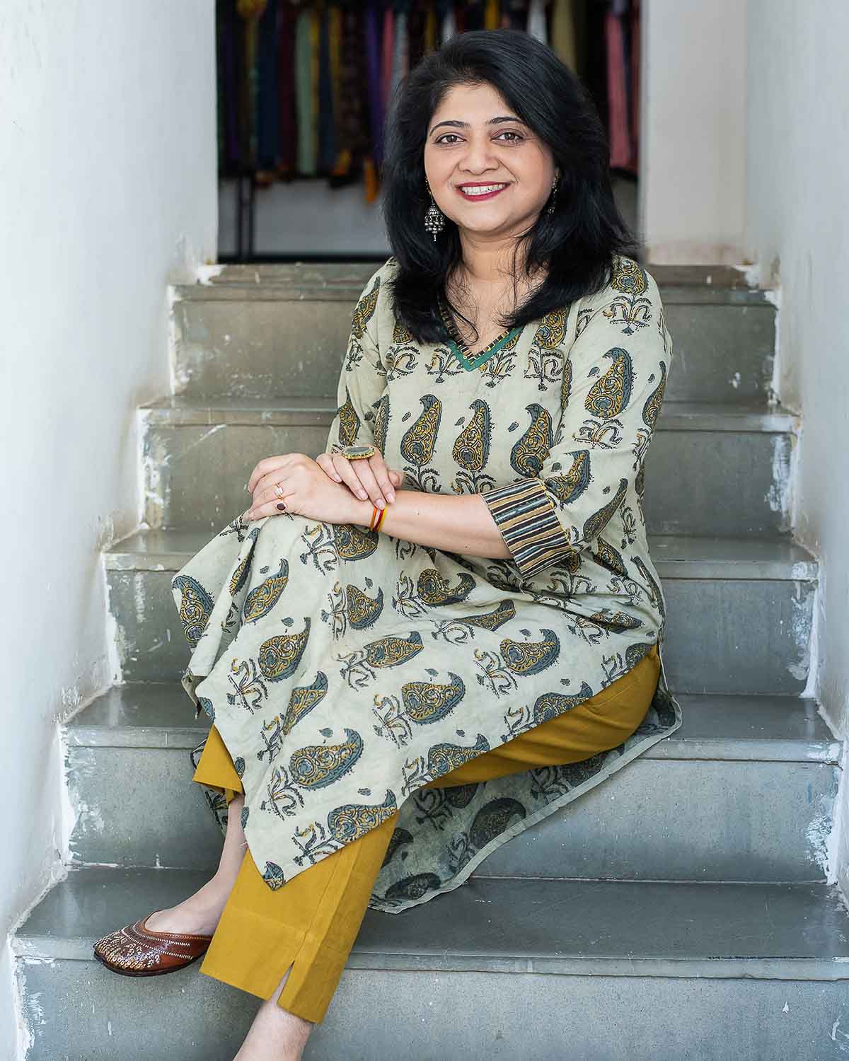 Light green Vegetable Handblock printed Straight fit kurta