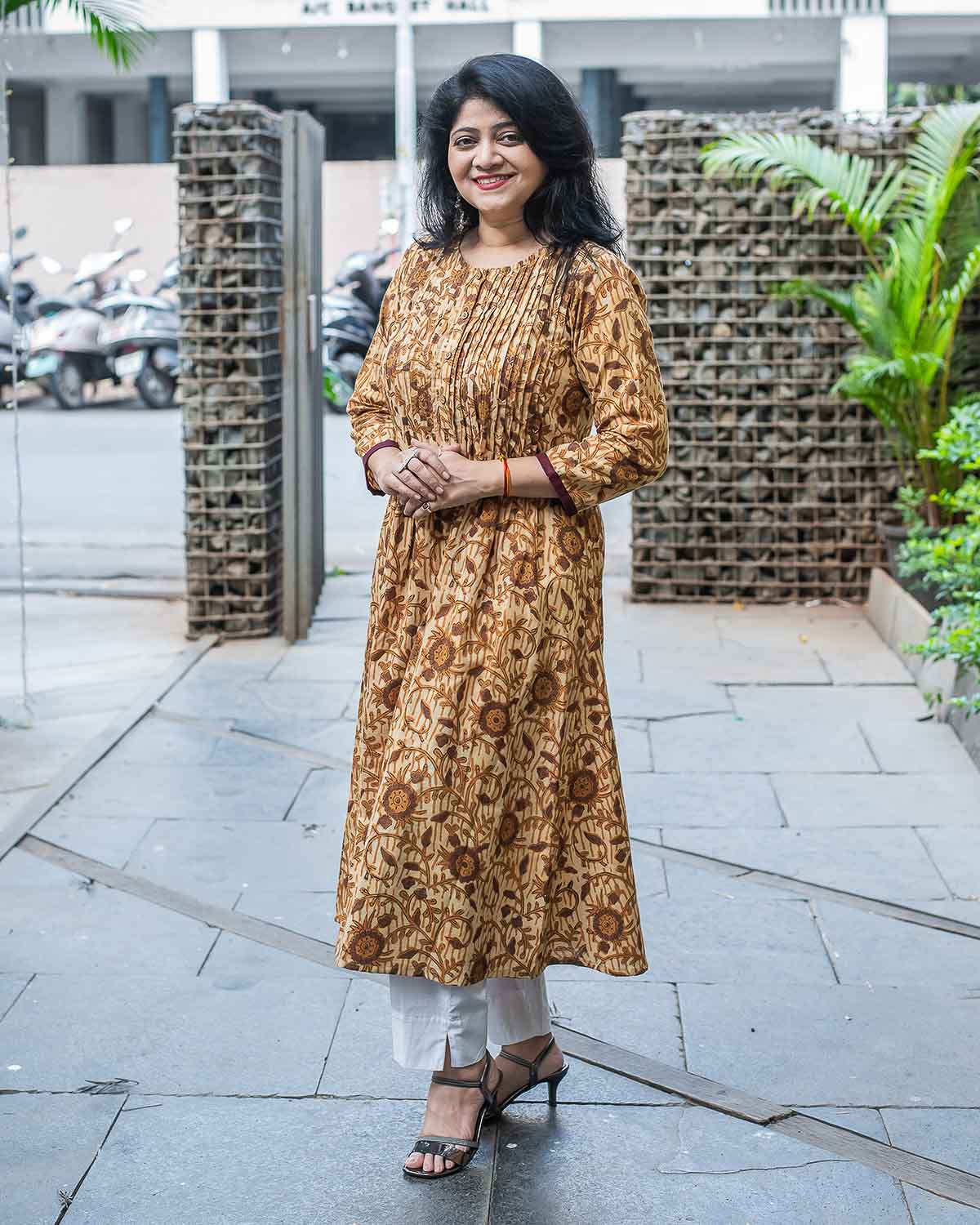 Yellow Brown vegetable print pintuks Dress cum Kurta