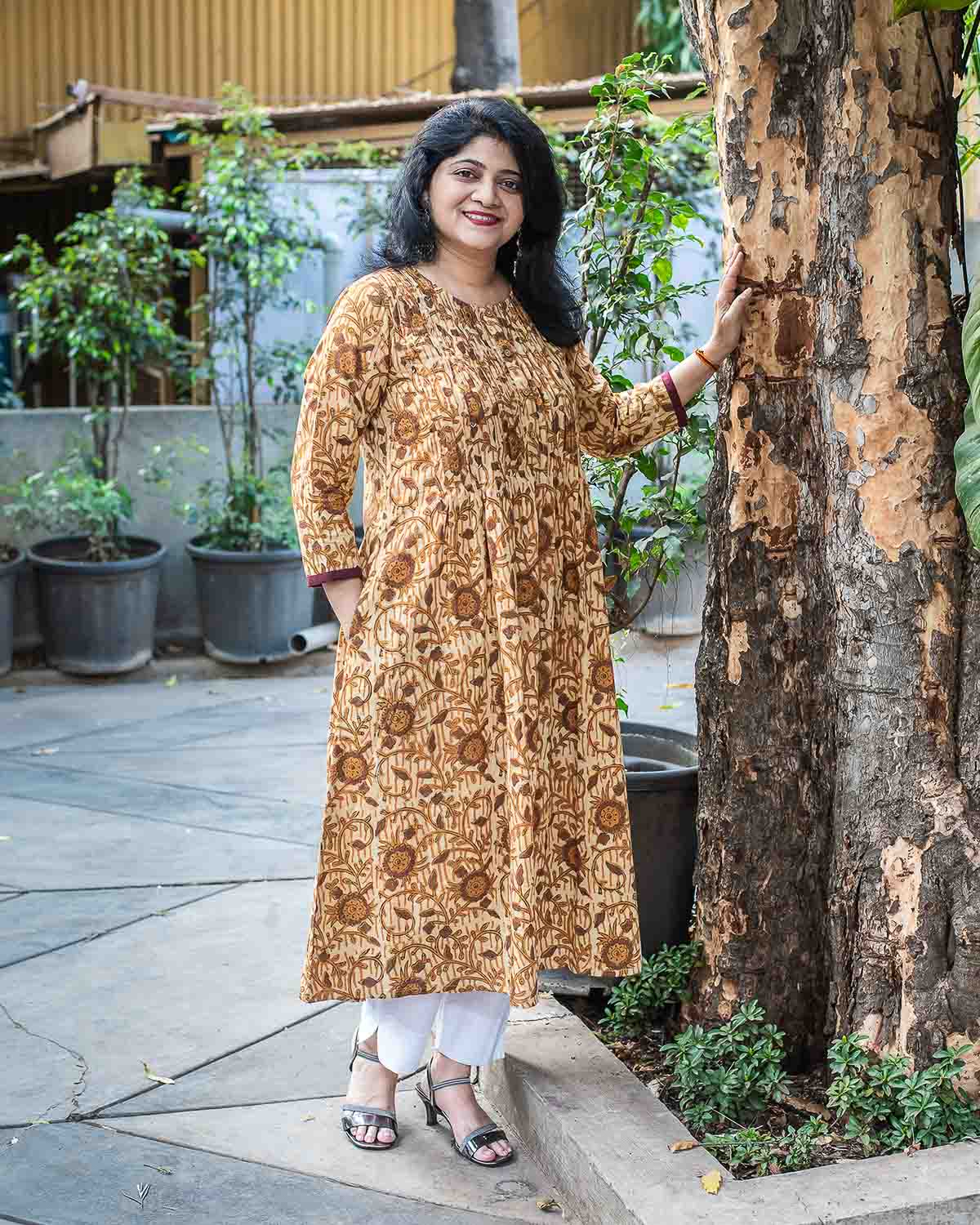 Yellow Brown vegetable print pintuks Dress cum Kurta