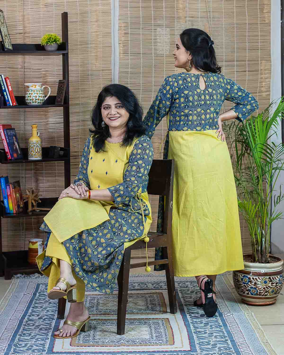 Yellow Indigo ajrakh embroidered Dress Cum Kurta