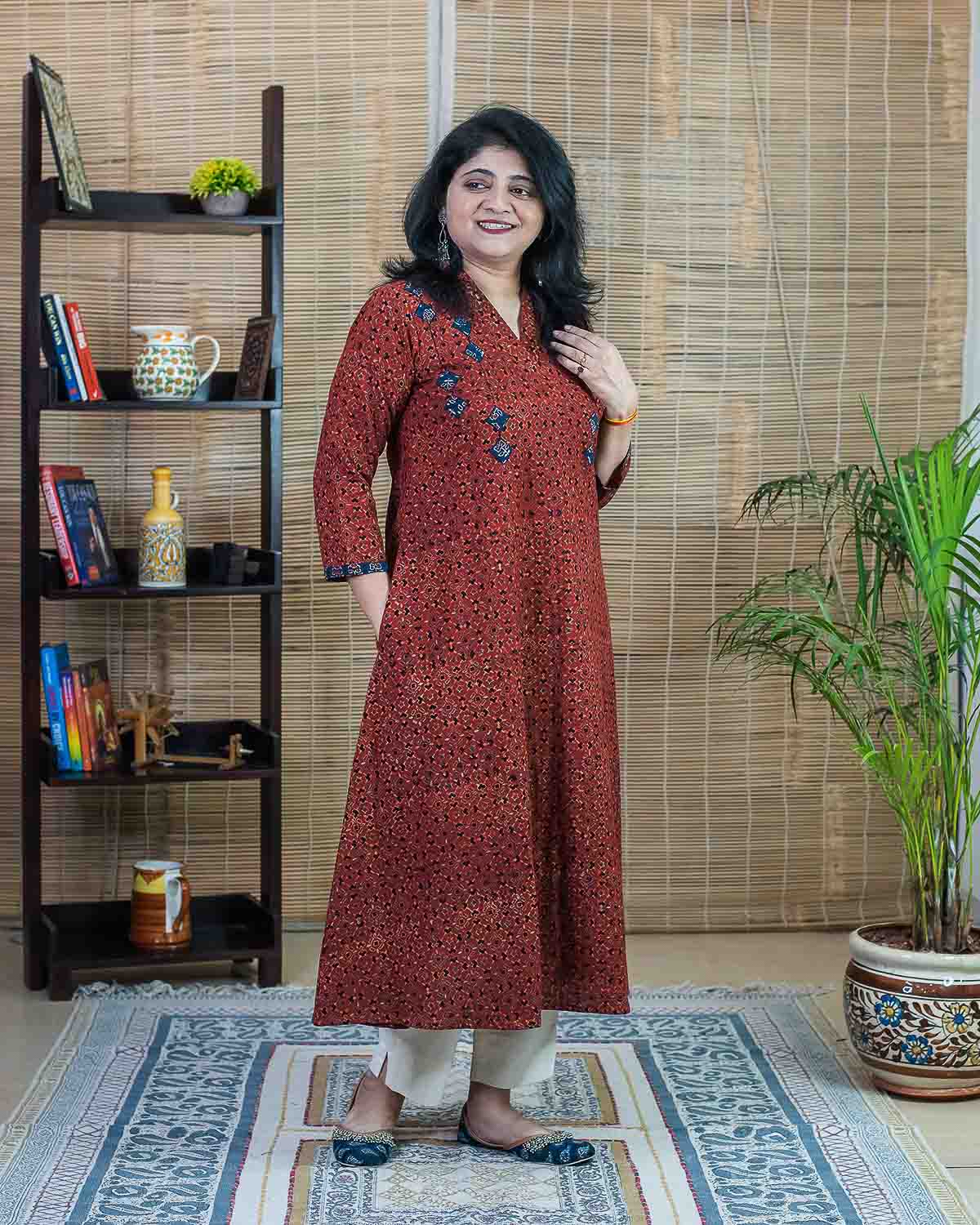 Signature slub maroon special ajrakh applique Dress