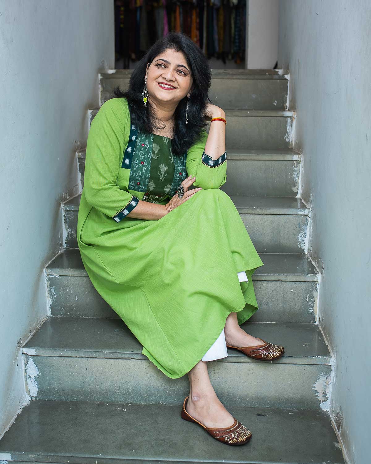 Hand woven Green Ikkat exclusive Dress Cum Kurta