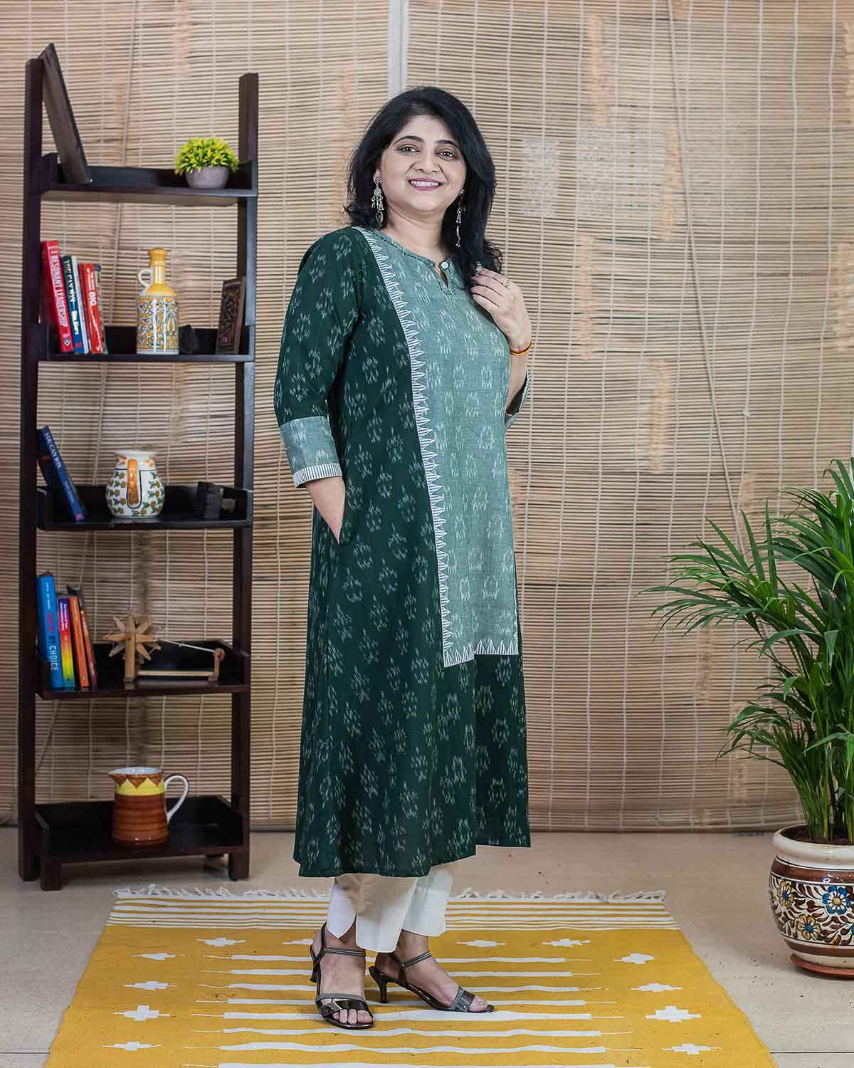 Green ikkat & applique work Dress Cum Kurta