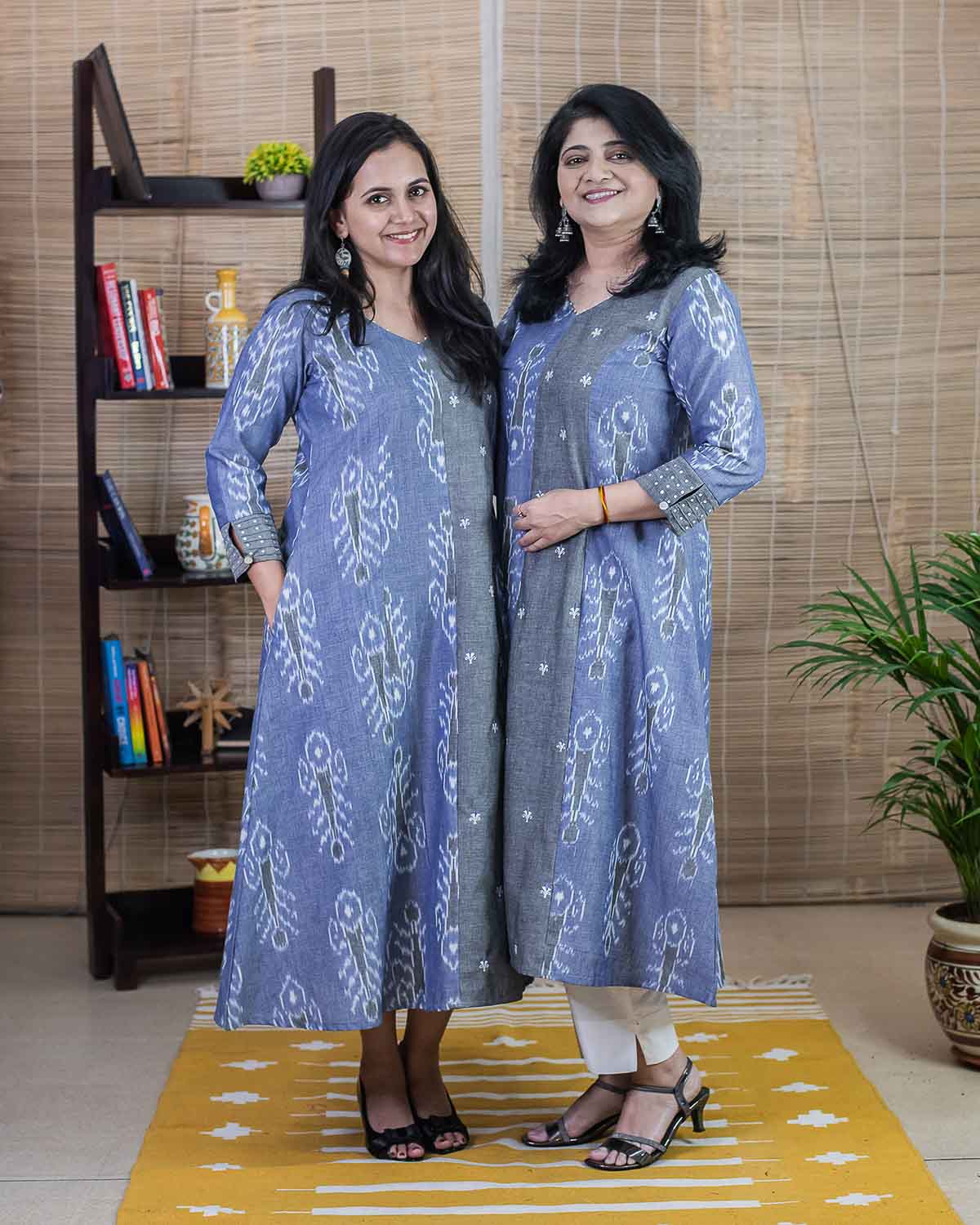 Blue Gray Special ikkat weave embroidered dress