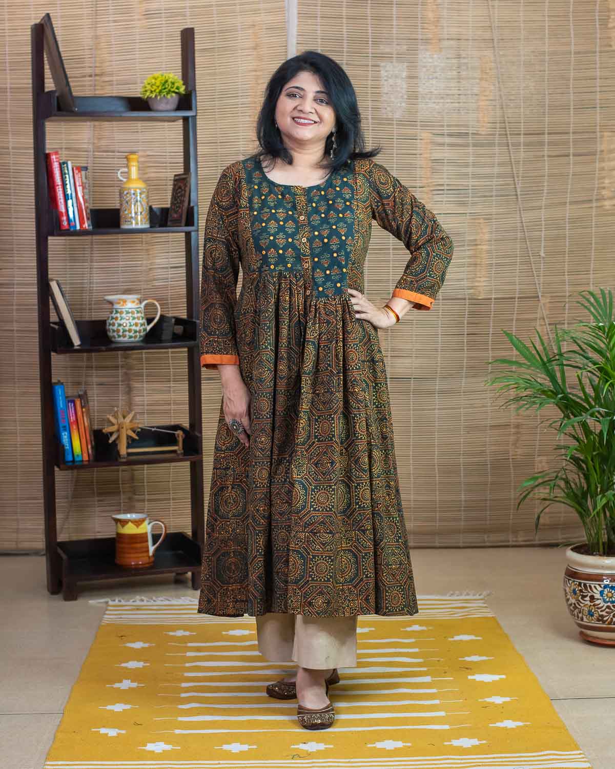 Green Orange mirror work Ajrakh Dress cum Kurta