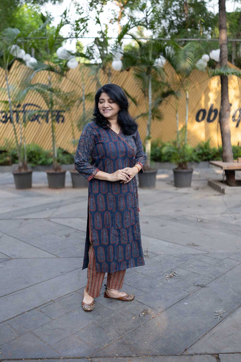 Indigo Ajrakh embroidered straight fit Kurta