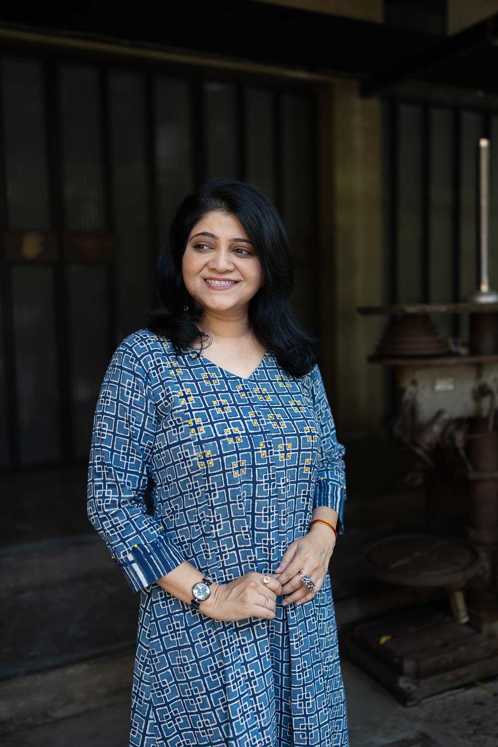 Cotton Slub embroidered Geometric Indigo Dress