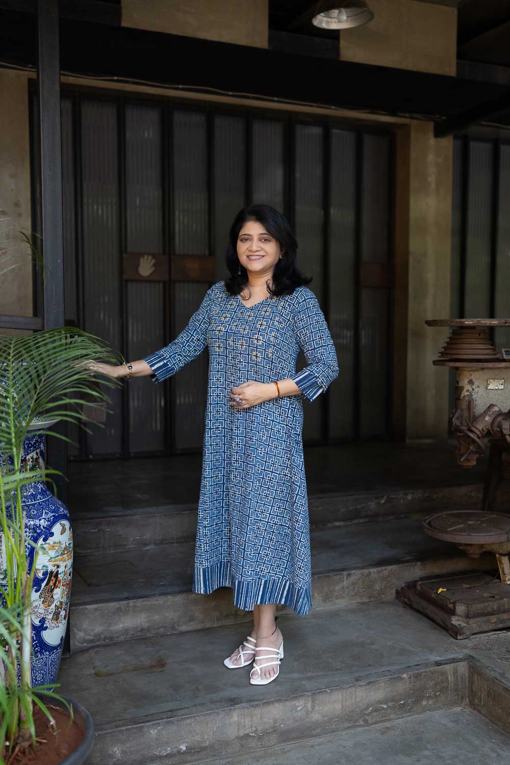 Cotton Slub embroidered Geometric Indigo Dress