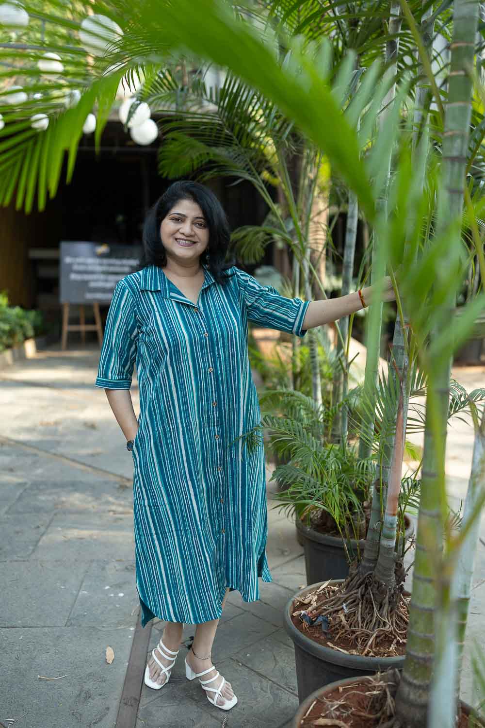 Cotton slub Indigo with Rama Green striped Shirt Dress