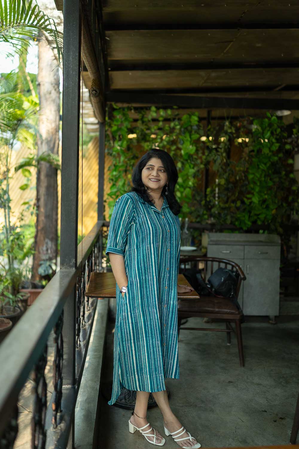 Cotton slub Indigo with Rama Green striped Shirt Dress