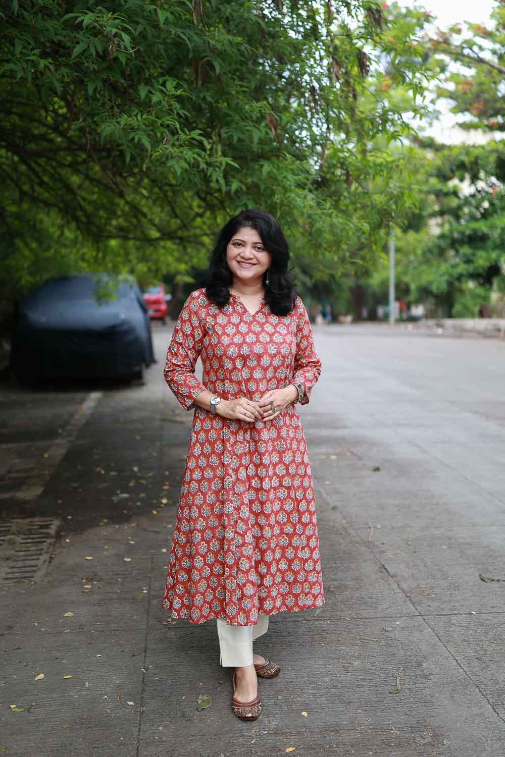 Superior cotton slub Orange hand block printed Dress/kurta