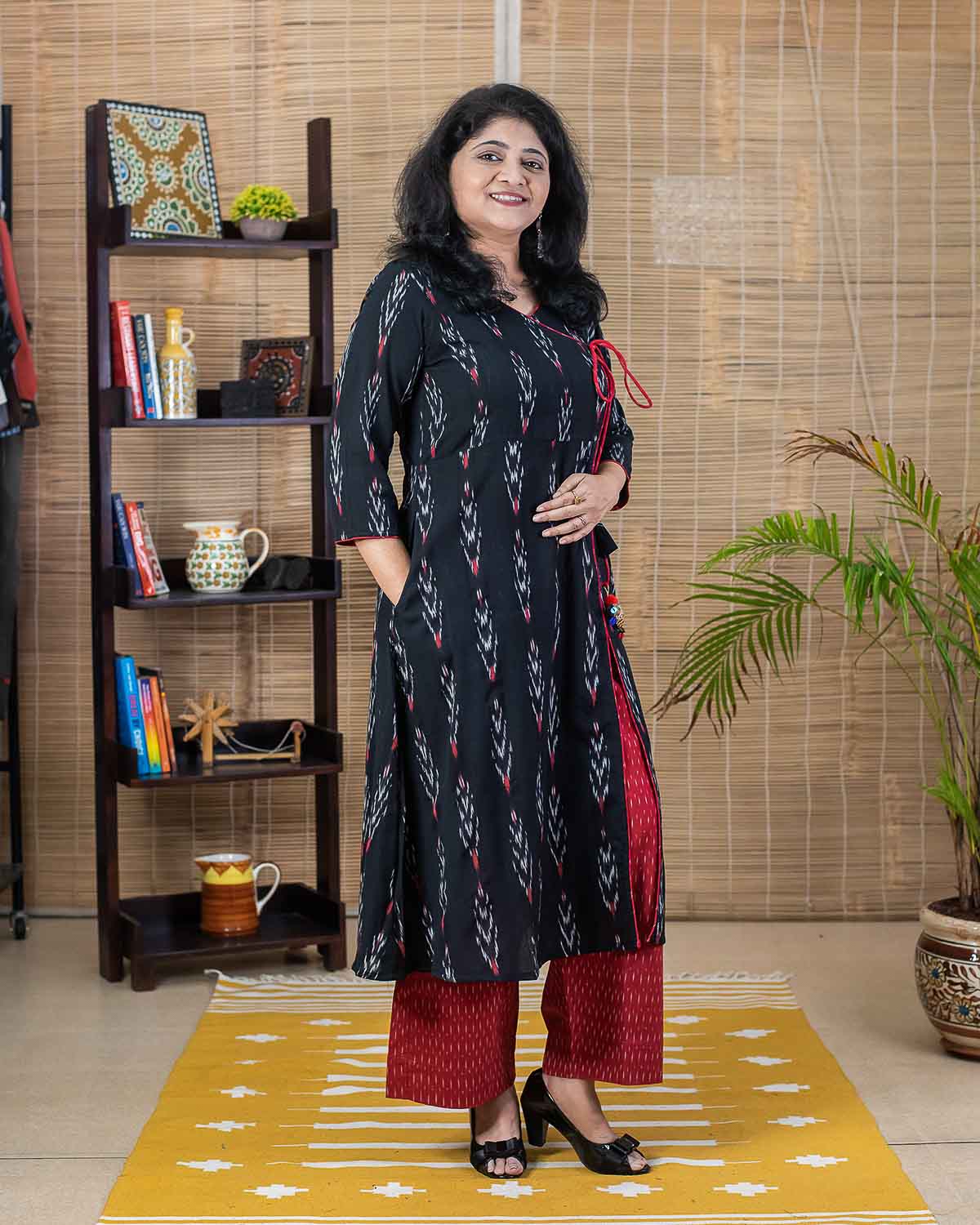 Black Ikkat A line Kurta with handcrafted tassels