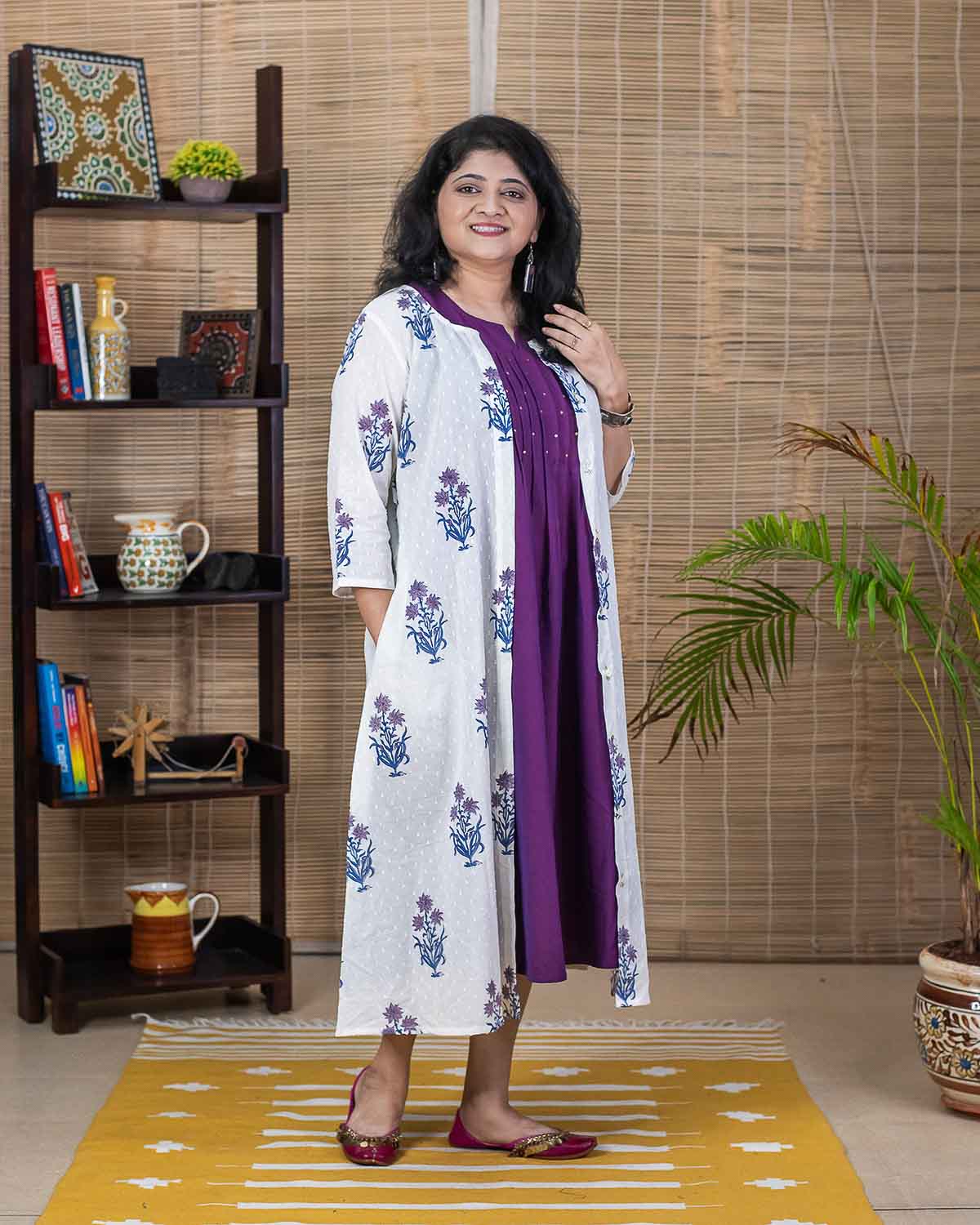 Purple White Dobby Mughal butta Jacket Dress