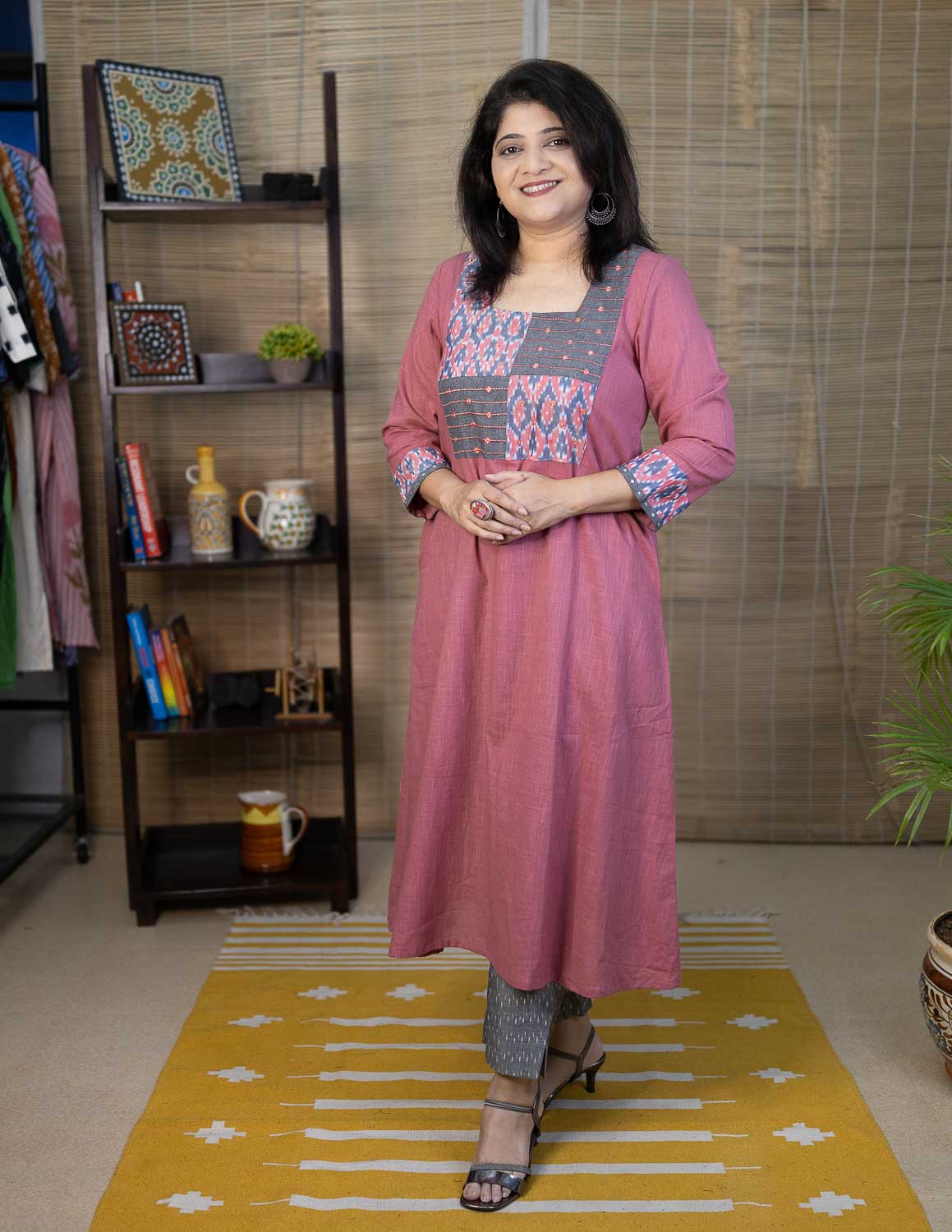 Pink Gray cotton slub with exclusive ikkat Dress